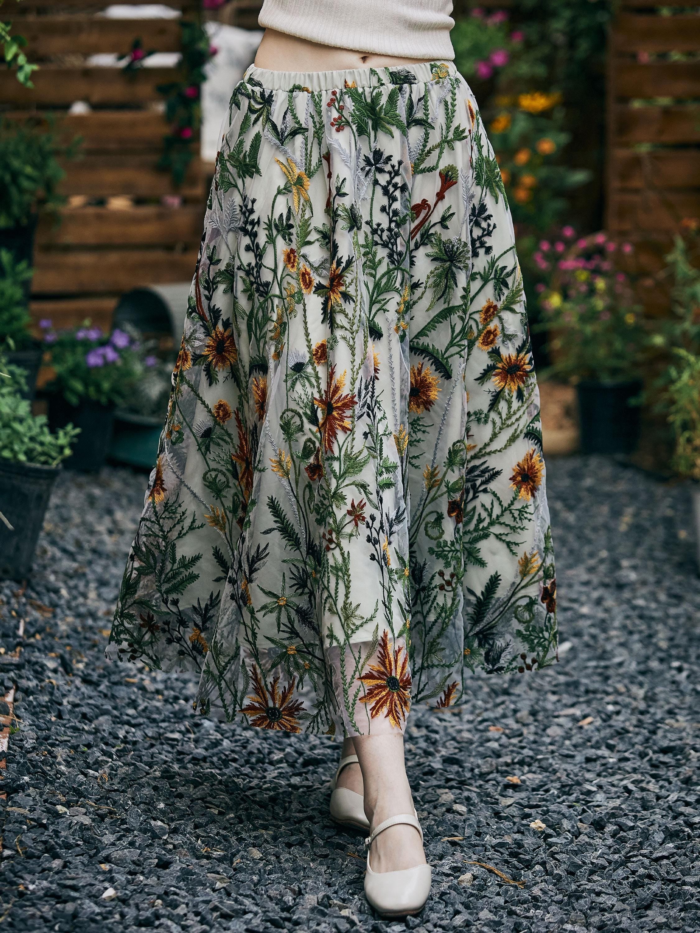 Flower Embroidery Tulle Skirt Maxi Skirt Midi Green Skirt With A Lining Flexible Waistband A Line Floral Dress