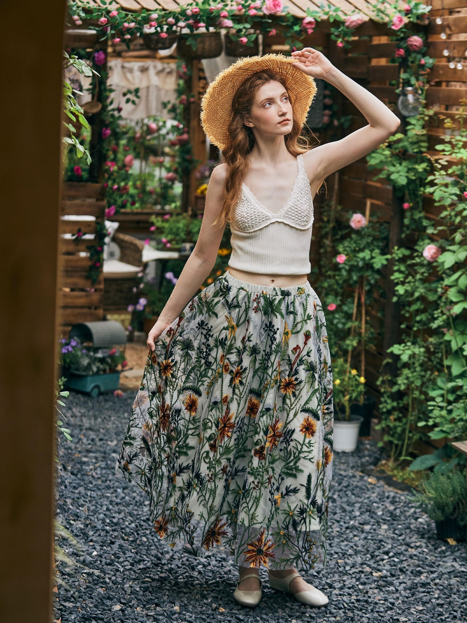 Flower Embroidery Tulle Skirt Maxi Skirt Midi Green Skirt With A Lining Flexible Waistband A Line Floral Dress