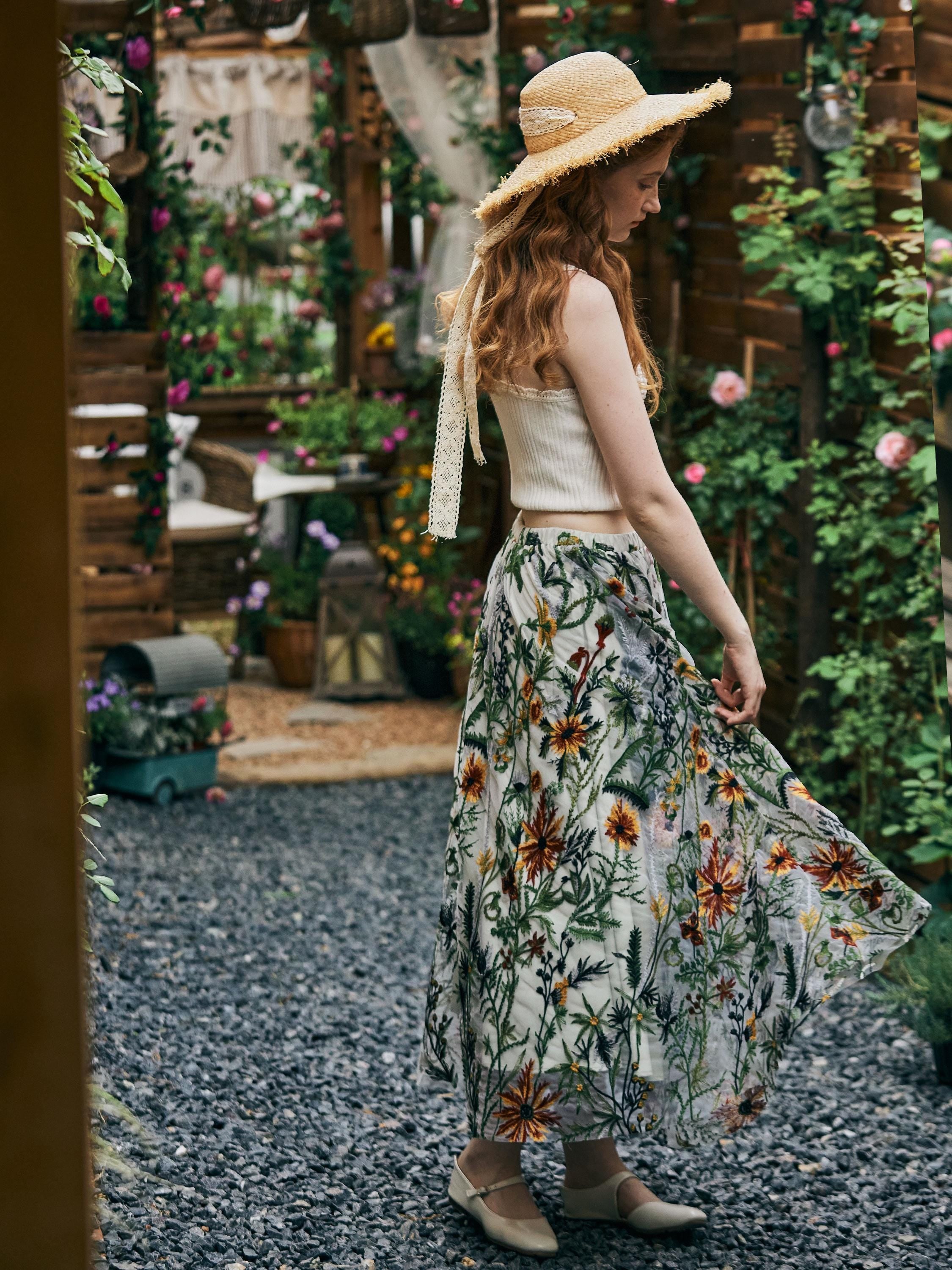 Flower Embroidery Tulle Skirt Maxi Skirt Midi Green Skirt With A Lining Flexible Waistband A Line Floral Dress