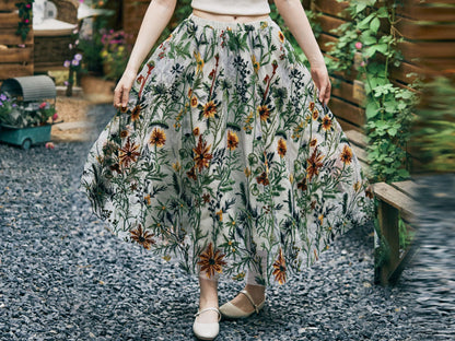 Flower Embroidery Tulle Skirt Maxi Skirt Midi Green Skirt With A Lining Flexible Waistband A Line Floral Dress