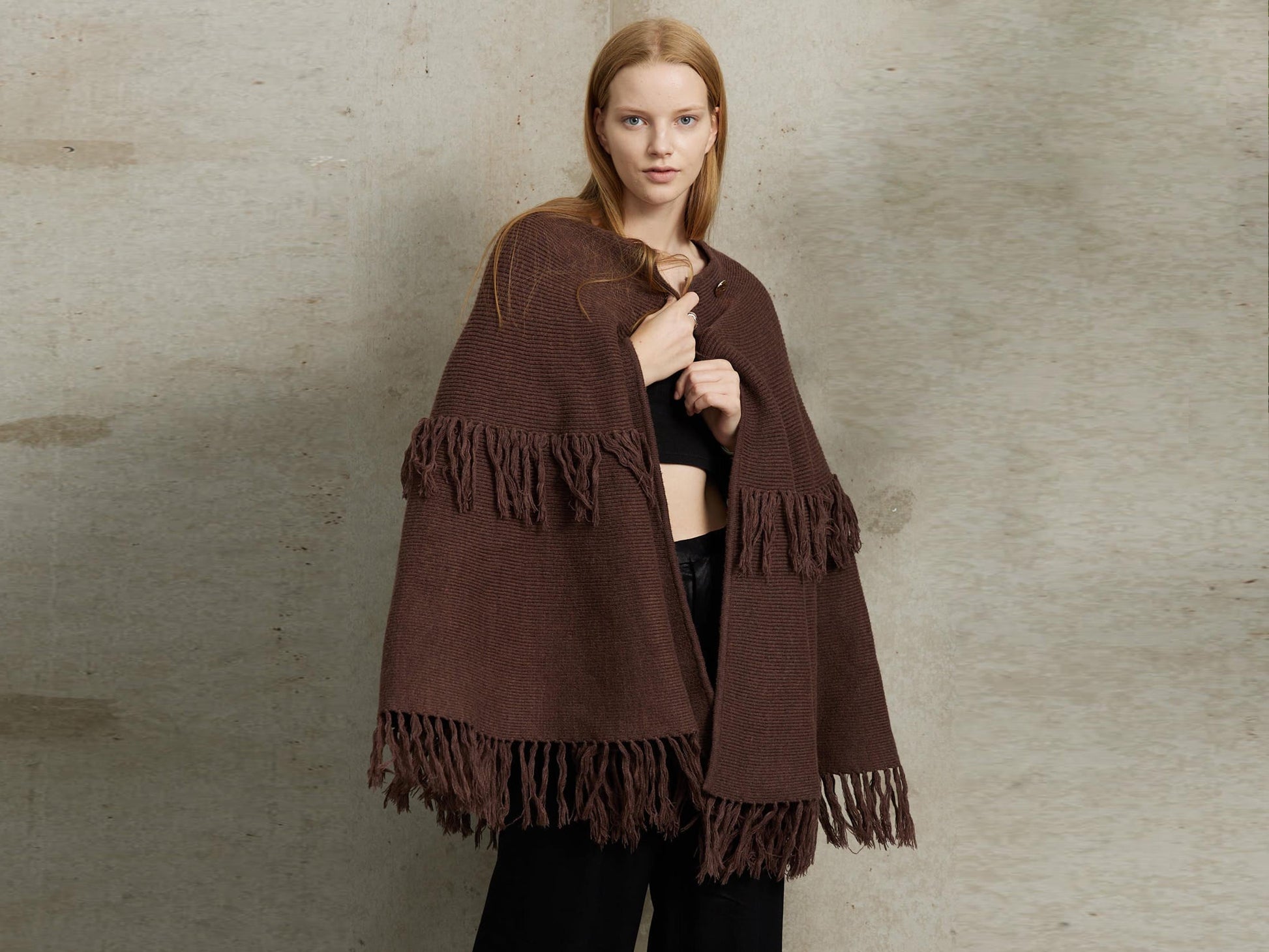 Knit Cape Poncho Cape Coat Shawl Wrap Cape with Buttons Open Front Brown Cardigan Sweater with Tassel