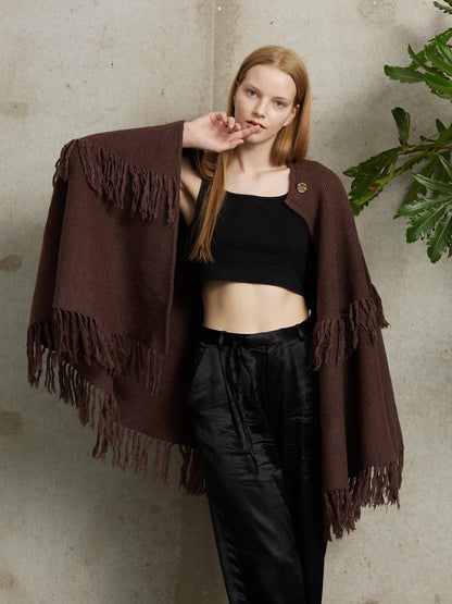 Knit Cape Poncho Cape Coat Shawl Wrap Cape with Buttons Open Front Brown Cardigan Sweater with Tassel