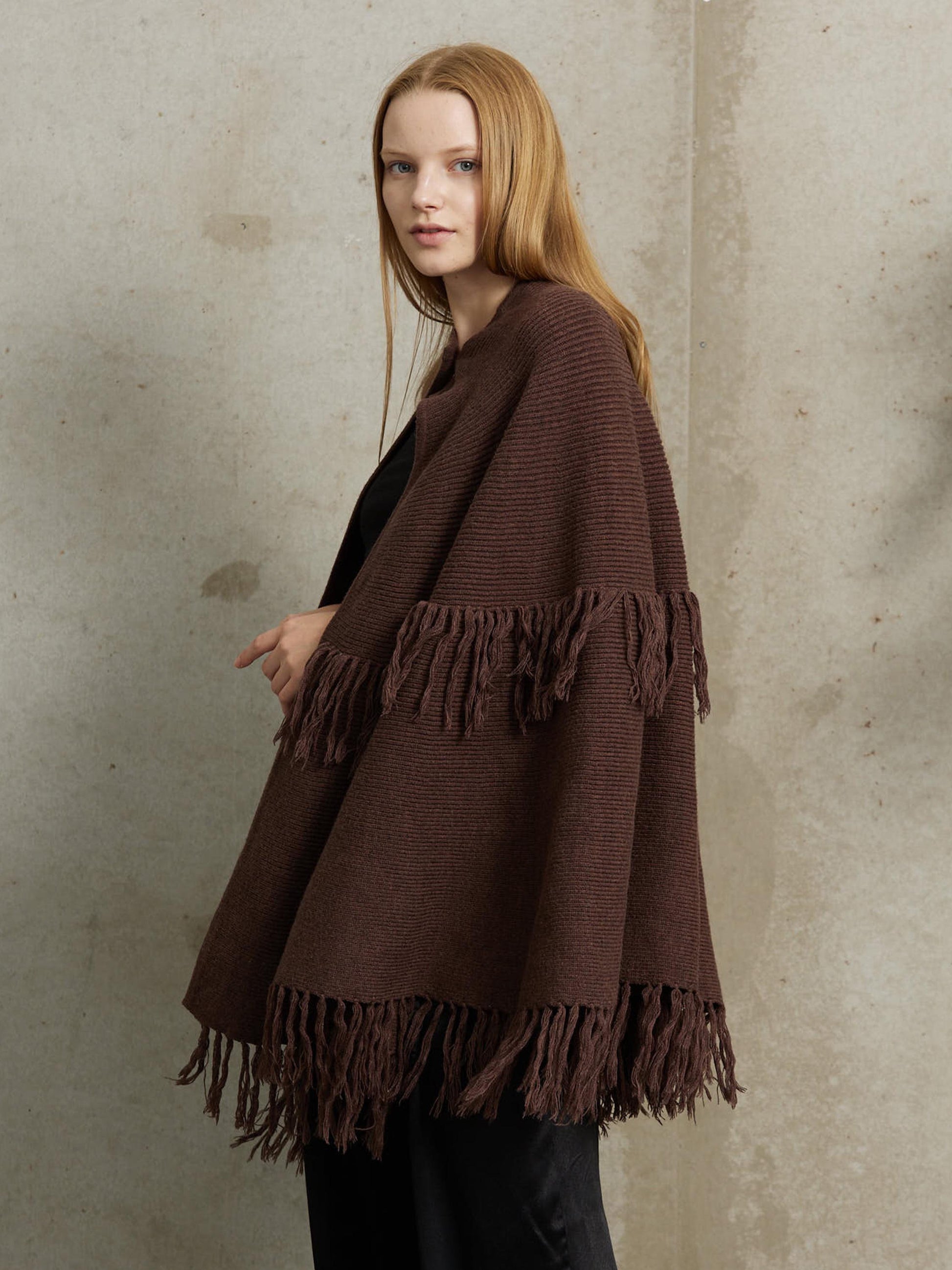 Knit Cape Poncho Cape Coat Shawl Wrap Cape with Buttons Open Front Brown Cardigan Sweater with Tassel