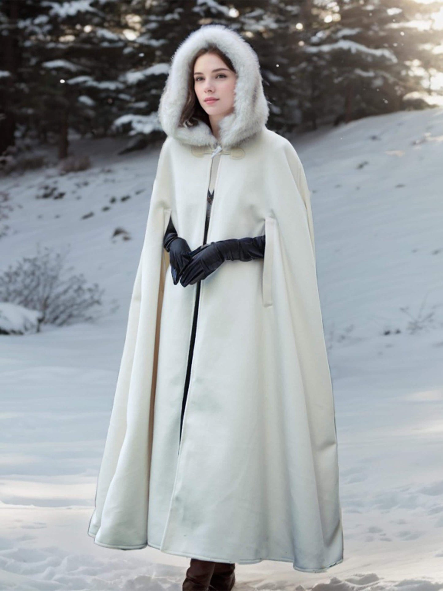 Wedding Cloak Medieval Wool Cloak Cape Coat with Oversized Faux Fur Hood, Vintage Style, Horn Button, and Arm Slits