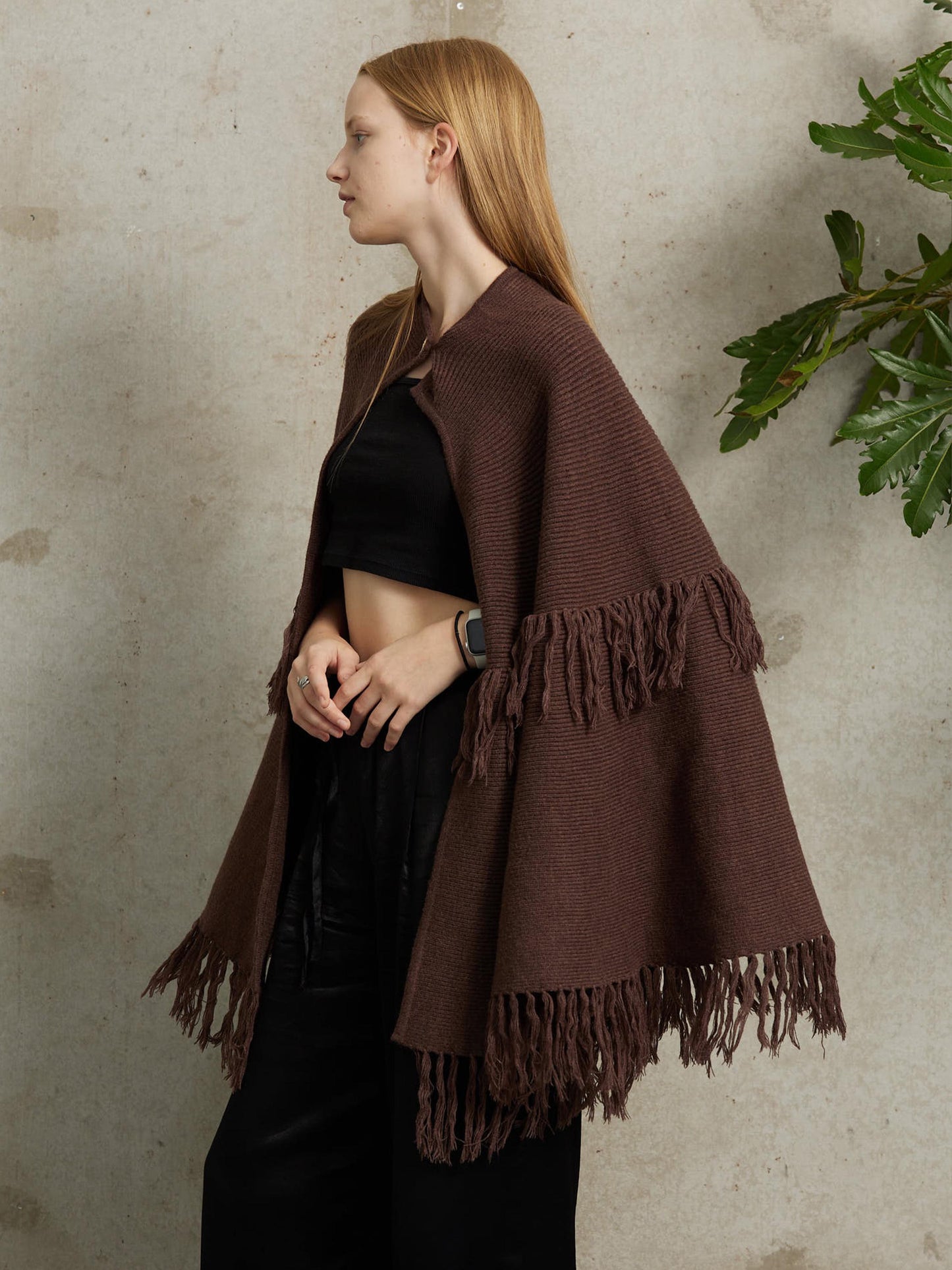 Knit Cape Poncho Cape Coat Shawl Wrap Cape with Buttons Open Front Brown Cardigan Sweater with Tassel