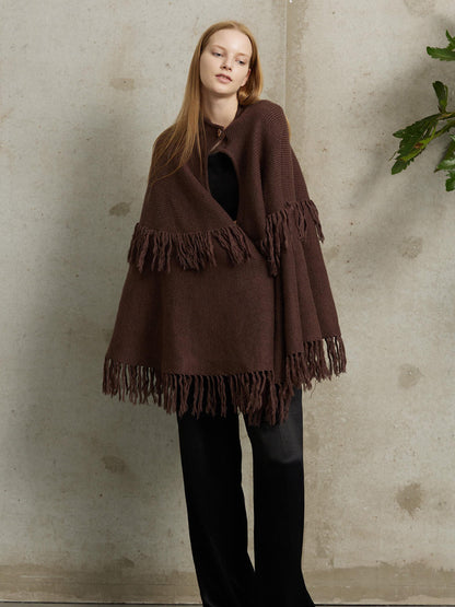 Knit Cape Poncho Cape Coat Shawl Wrap Cape with Buttons Open Front Brown Cardigan Sweater with Tassel