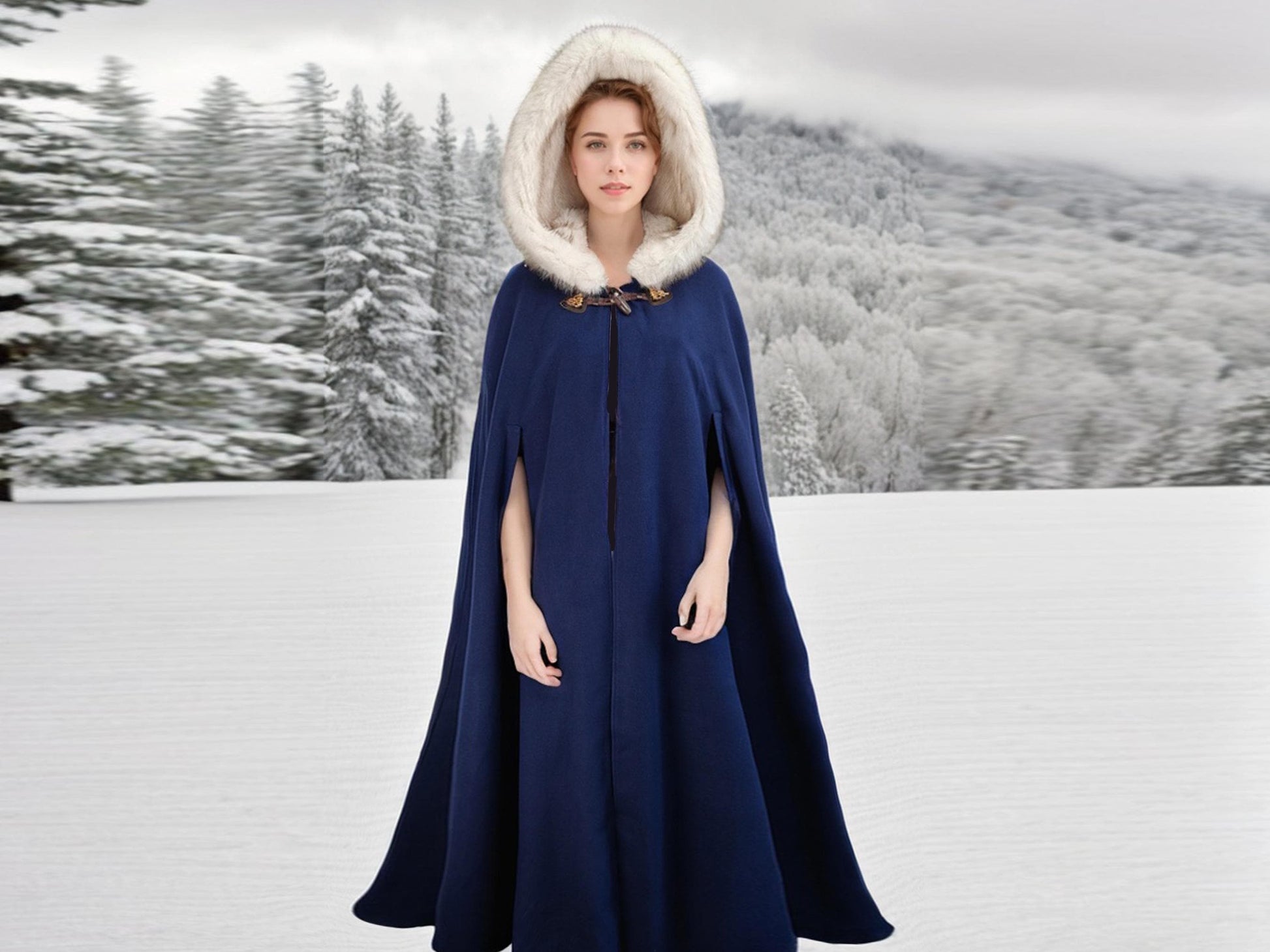 Wedding Cloak Medieval Wool Cloak Cape Coat with Oversized Faux Fur Hood, Vintage Style, Horn Button, and Arm Slits