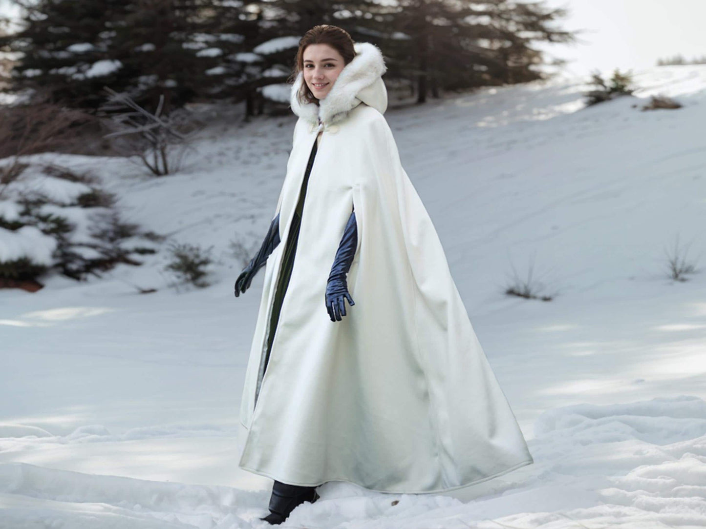 Wedding Cloak Medieval Wool Cloak Cape Coat with Oversized Faux Fur Hood, Vintage Style, Horn Button, and Arm Slits