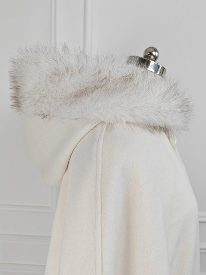 Wedding Cloak Medieval Wool Cloak Cape Coat with Oversized Faux Fur Hood, Vintage Style, Horn Button, and Arm Slits