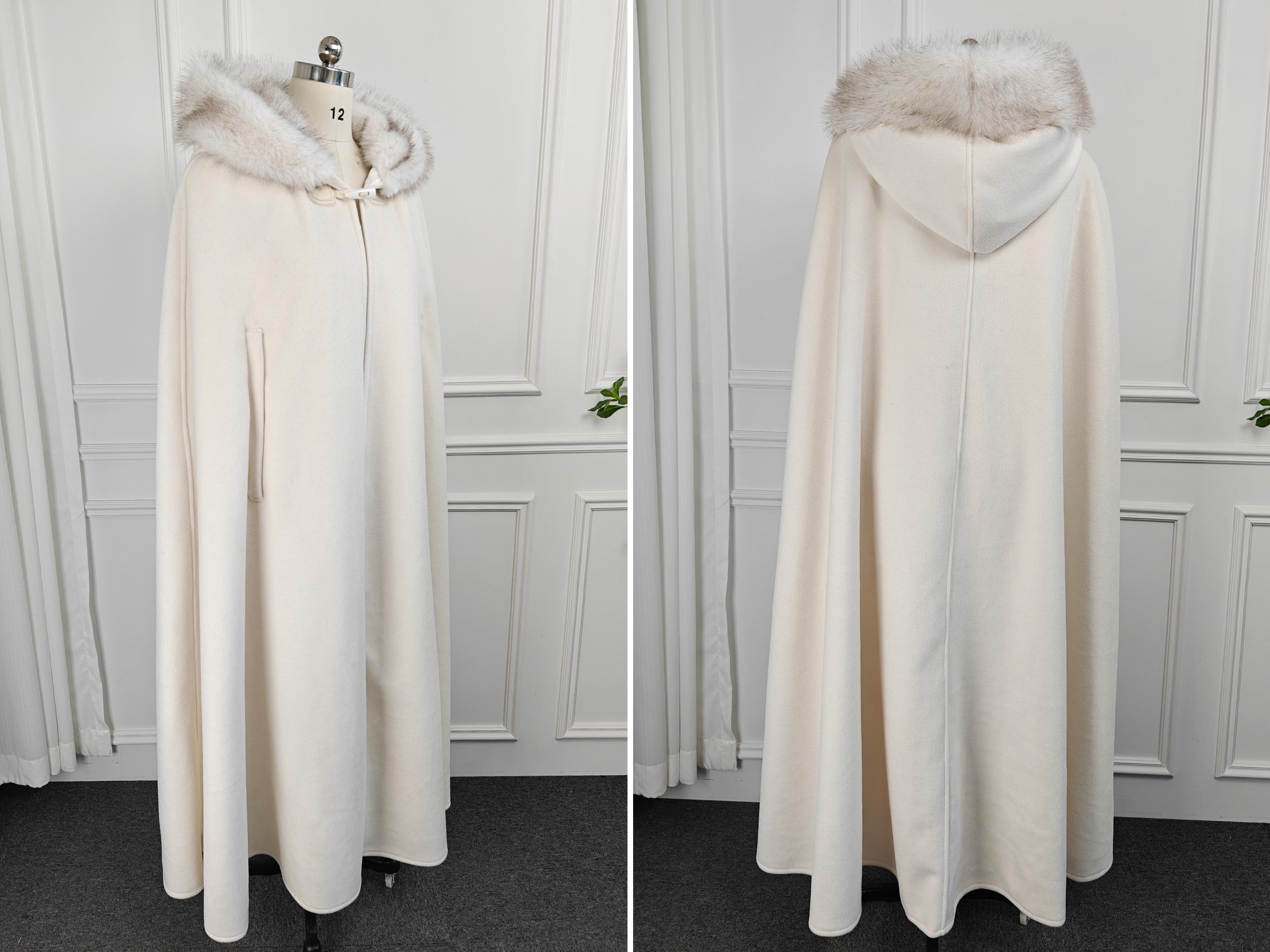 Wedding Fur Cloak Medieval Wool Winter Cloak Cape Coat with Oversized Faux Fur Hood, Vintage Style, Horn Button, and Arm Slits