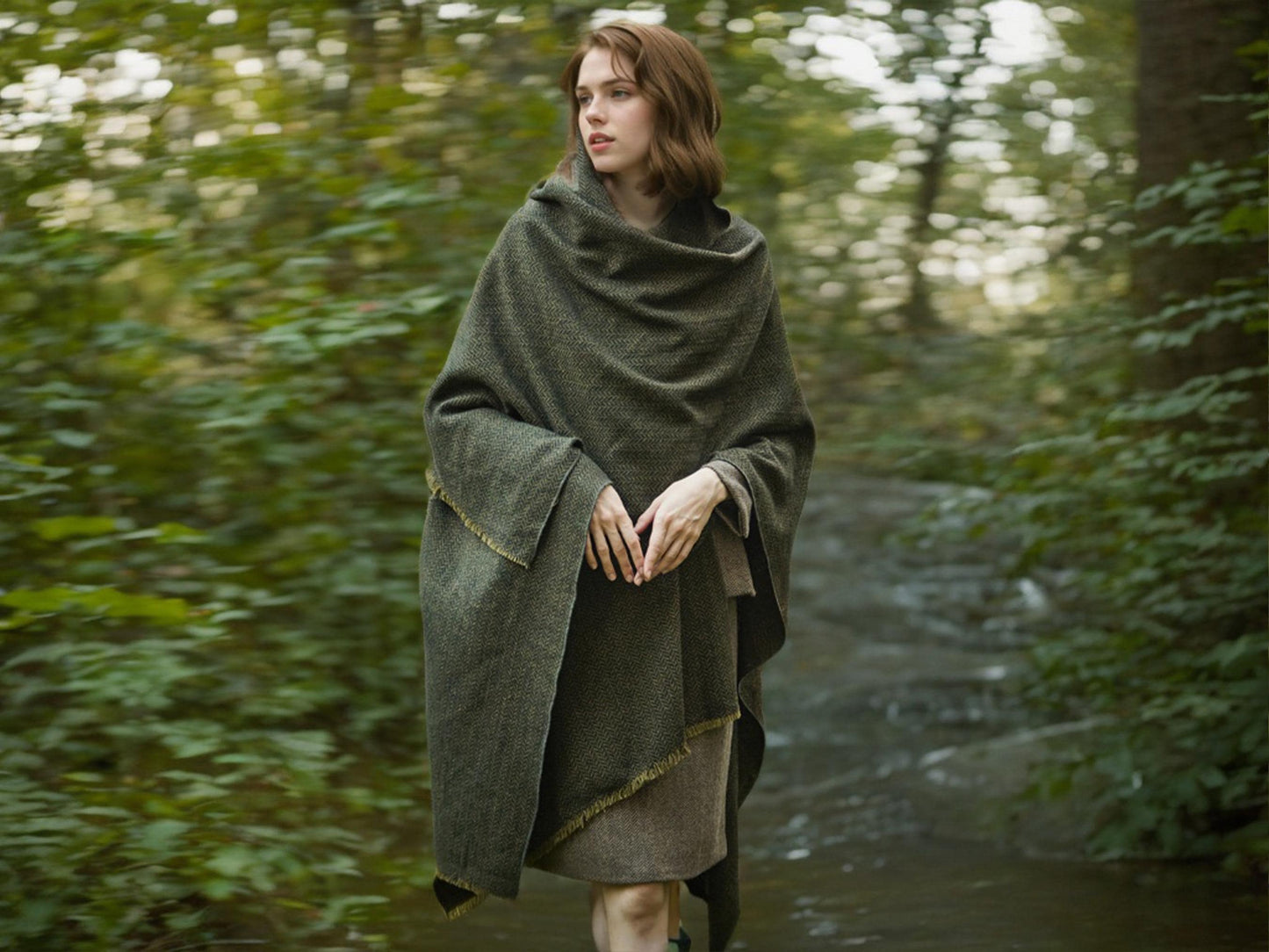 Wool Hooded Cloak Oliver Green & Black Herringbone Tweed Wool Wrap Cape Hobbit Elven Cloak Ren Faire Costume Ruana