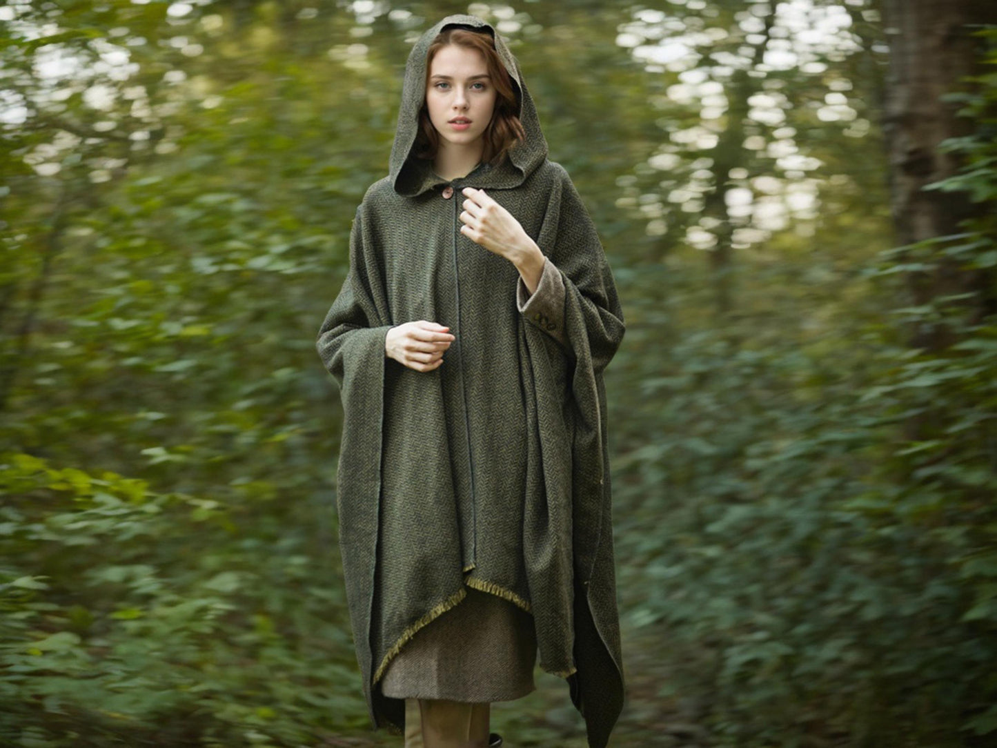 Wool Hooded Cloak Oliver Green & Black Herringbone Tweed Wool Wrap Cape Hobbit Elven Cloak Ren Faire Costume Ruana