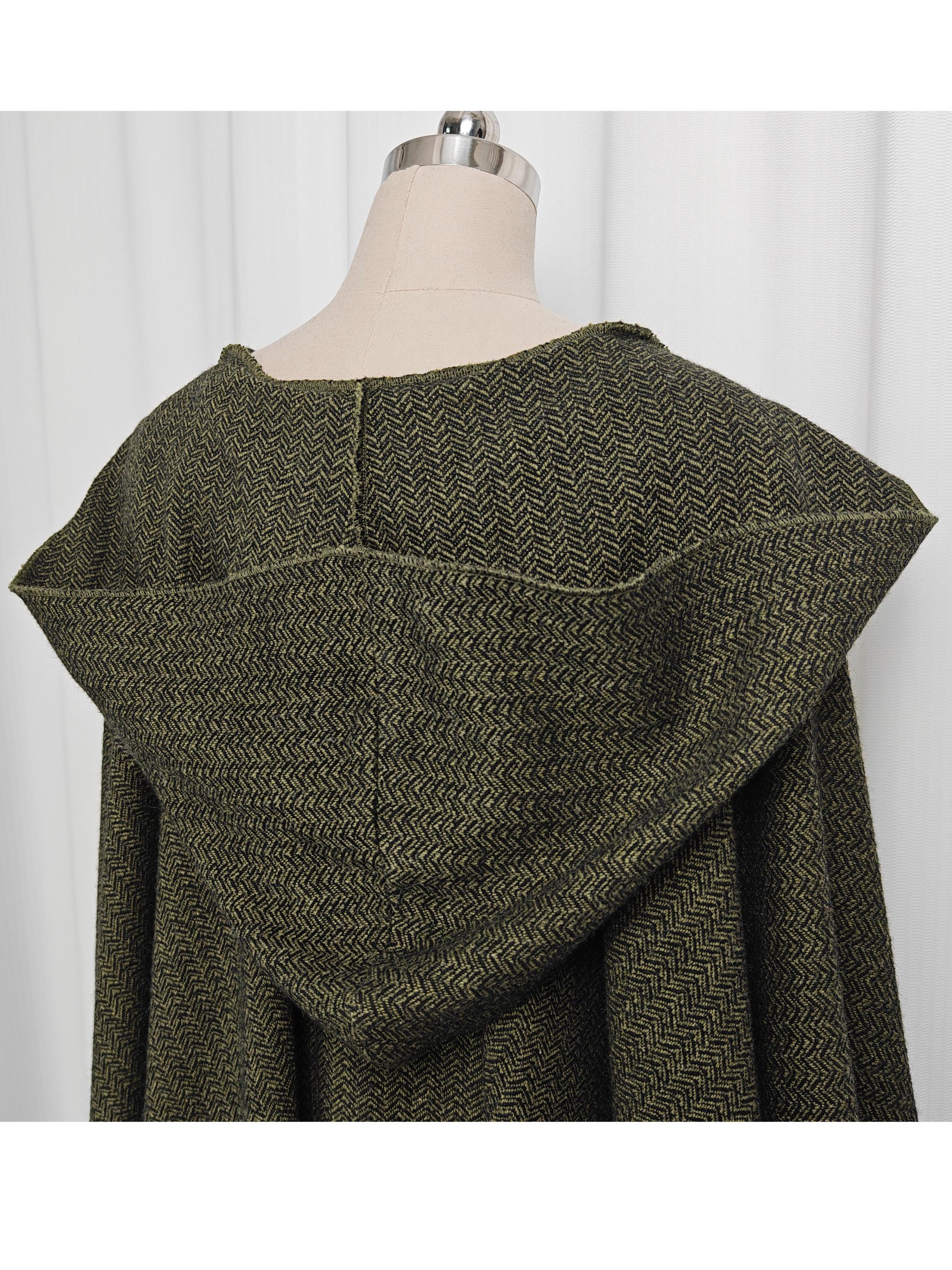 Wool Hooded Cloak Oliver Green & Black Herringbone Tweed Wool Wrap Cape Hobbit Elven Cloak Ren Faire Costume Ruana