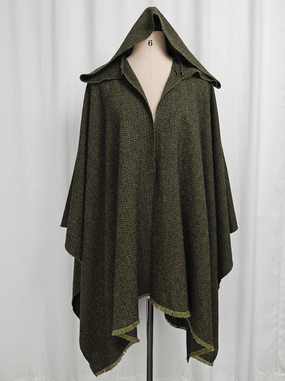 Wool Hooded Cloak Oliver Green & Black Herringbone Tweed Wool Wrap Cape Hobbit Elven Cloak Ren Faire Costume Ruana