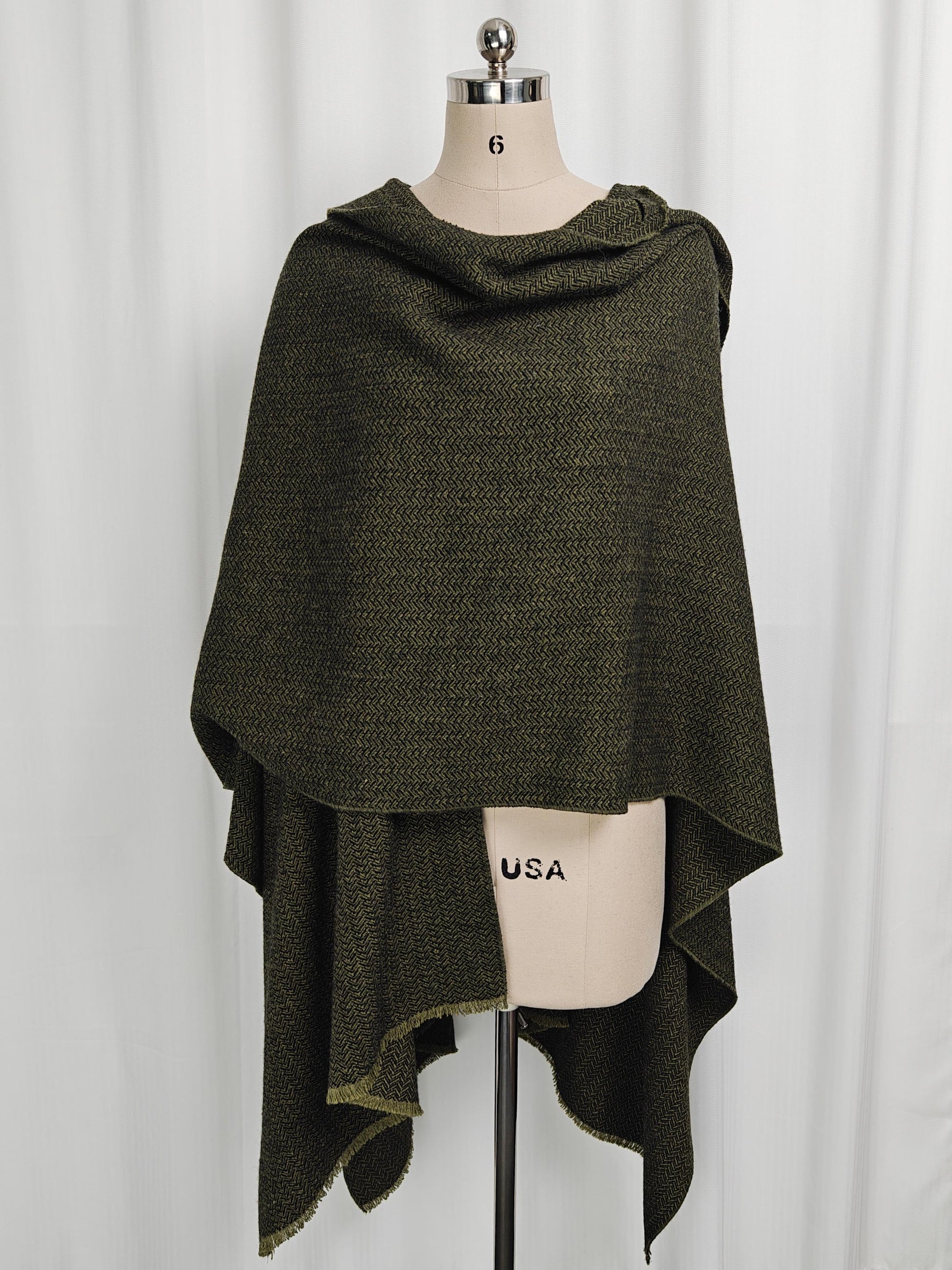 Wool Hooded Cloak Oliver Green & Black Herringbone Tweed Wool Wrap Cape Hobbit Elven Cloak Ren Faire Costume Ruana