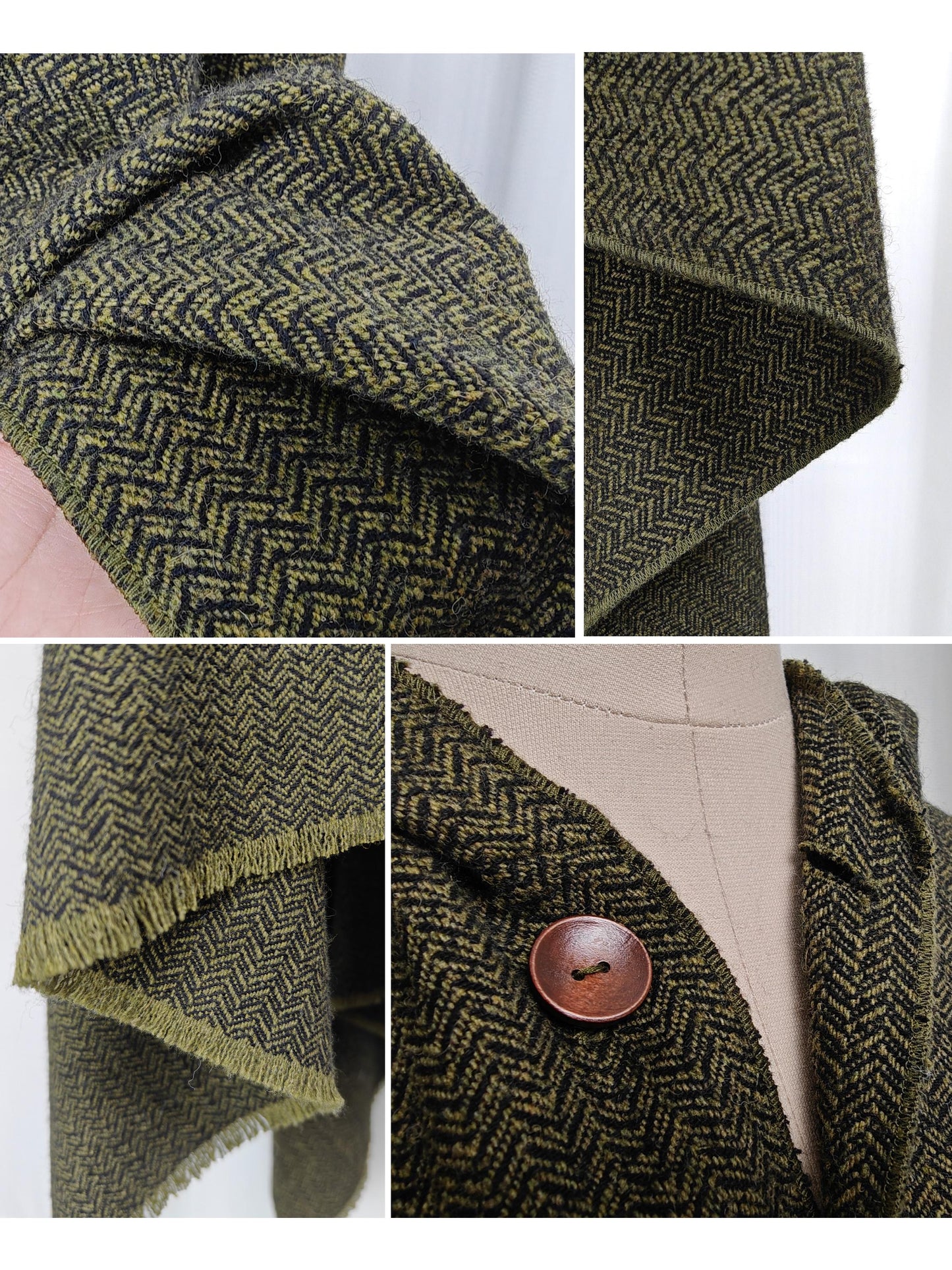 Wool Hooded Cloak Oliver Green & Black Herringbone Tweed Wool Wrap Cape Hobbit Elven Cloak Ren Faire Costume Ruana