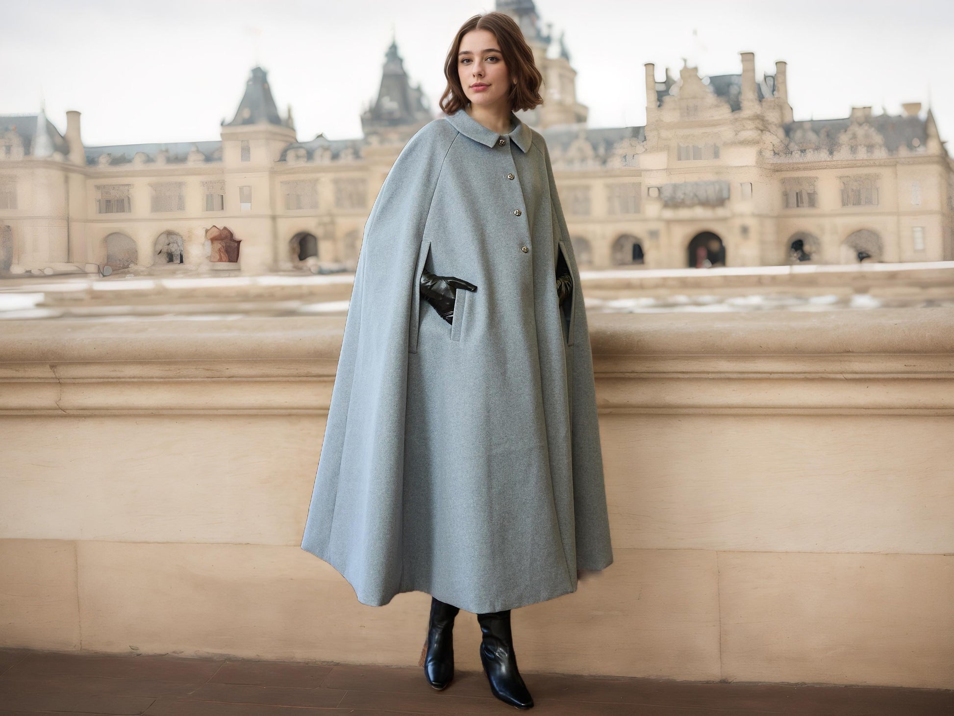 Wool Blend Cape Coat Vintage Style Long Winter Cape for Woman With Pockets Blue S/M/L/XL