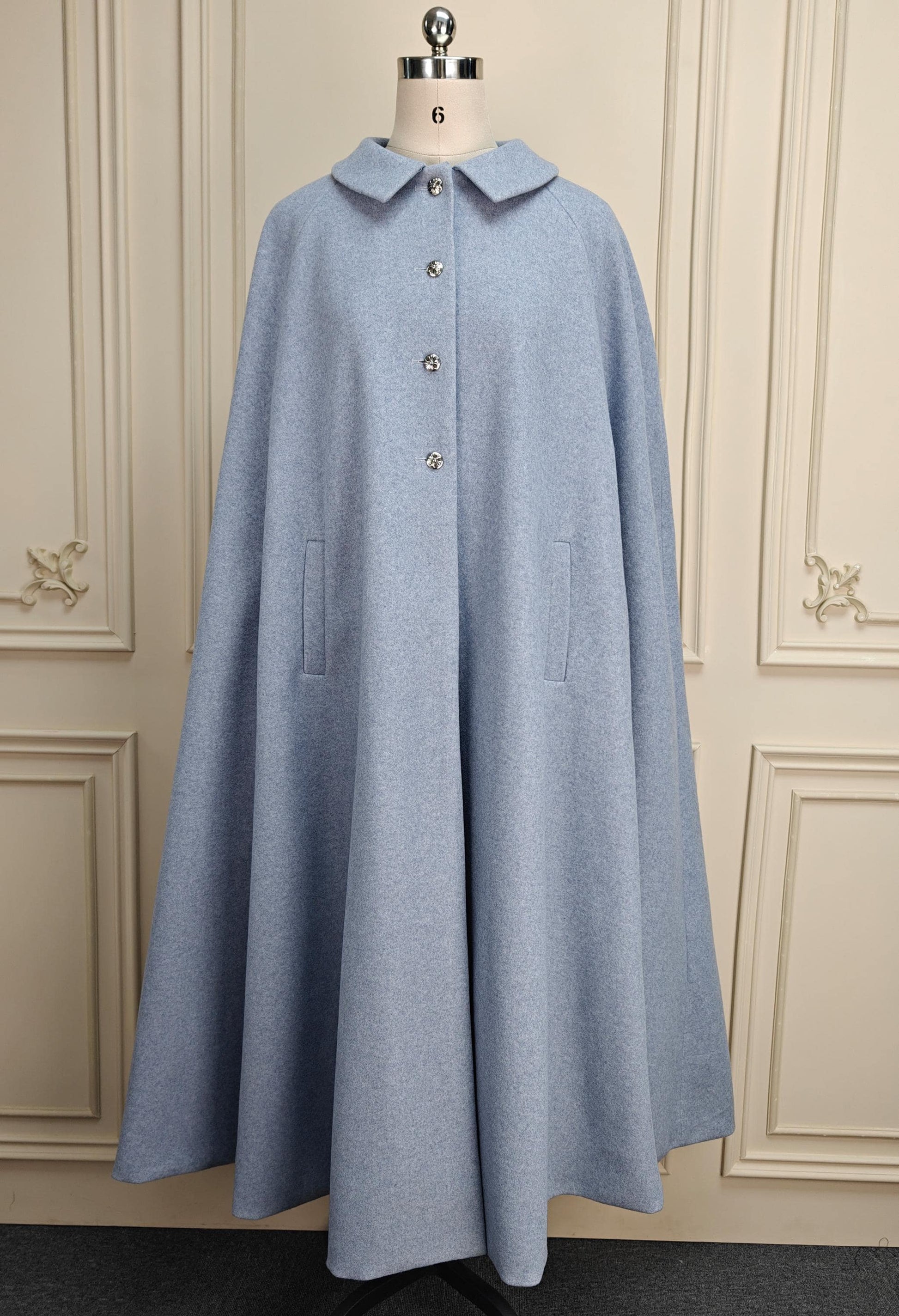 Wool Blend Cape Coat Vintage Style Long Winter Cape for Woman With Pockets Blue S/M/L/XL