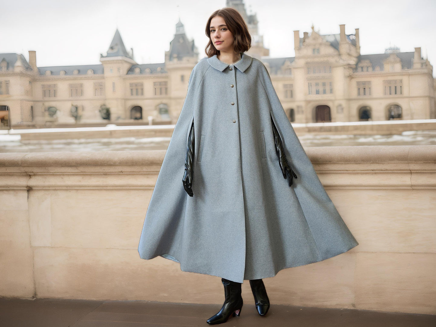 Wool Blend Cape Coat Vintage Style Long Winter Cape for Woman With Pockets Blue S/M/L/XL