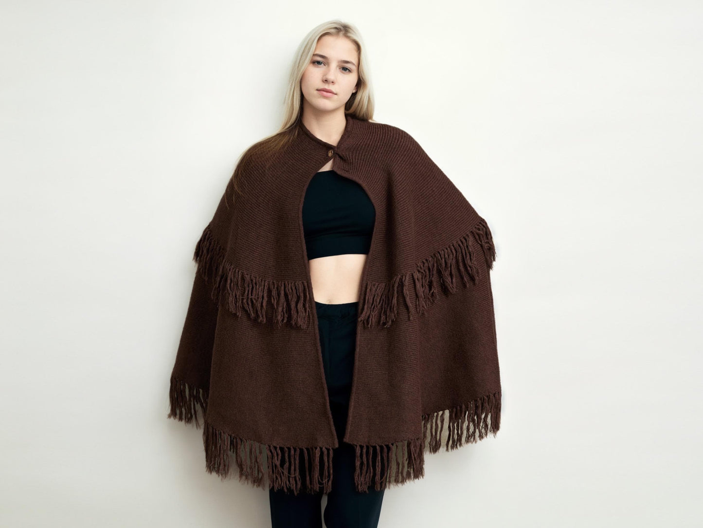 Knit Cape Poncho Cape Coat Shawl Wrap Cape with Buttons Open Front Brown Cardigan Sweater with Tassel