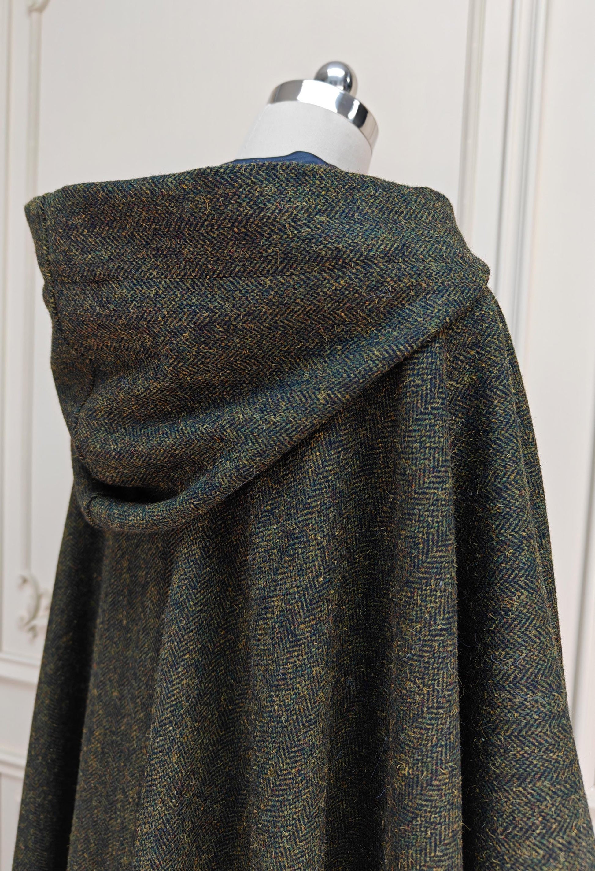 Tweed Hooded Cloak Belted Cape Poncho Herringbone Woman Cloak Tweed Wool Warp Moss Green Fleck One Size Long