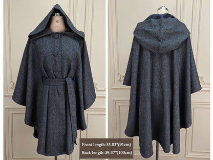 Tweed Hooded Cloak Belted Cape Poncho Herringbone Woman Cloak Tweed Wool Warp Moss Green Fleck One Size Long