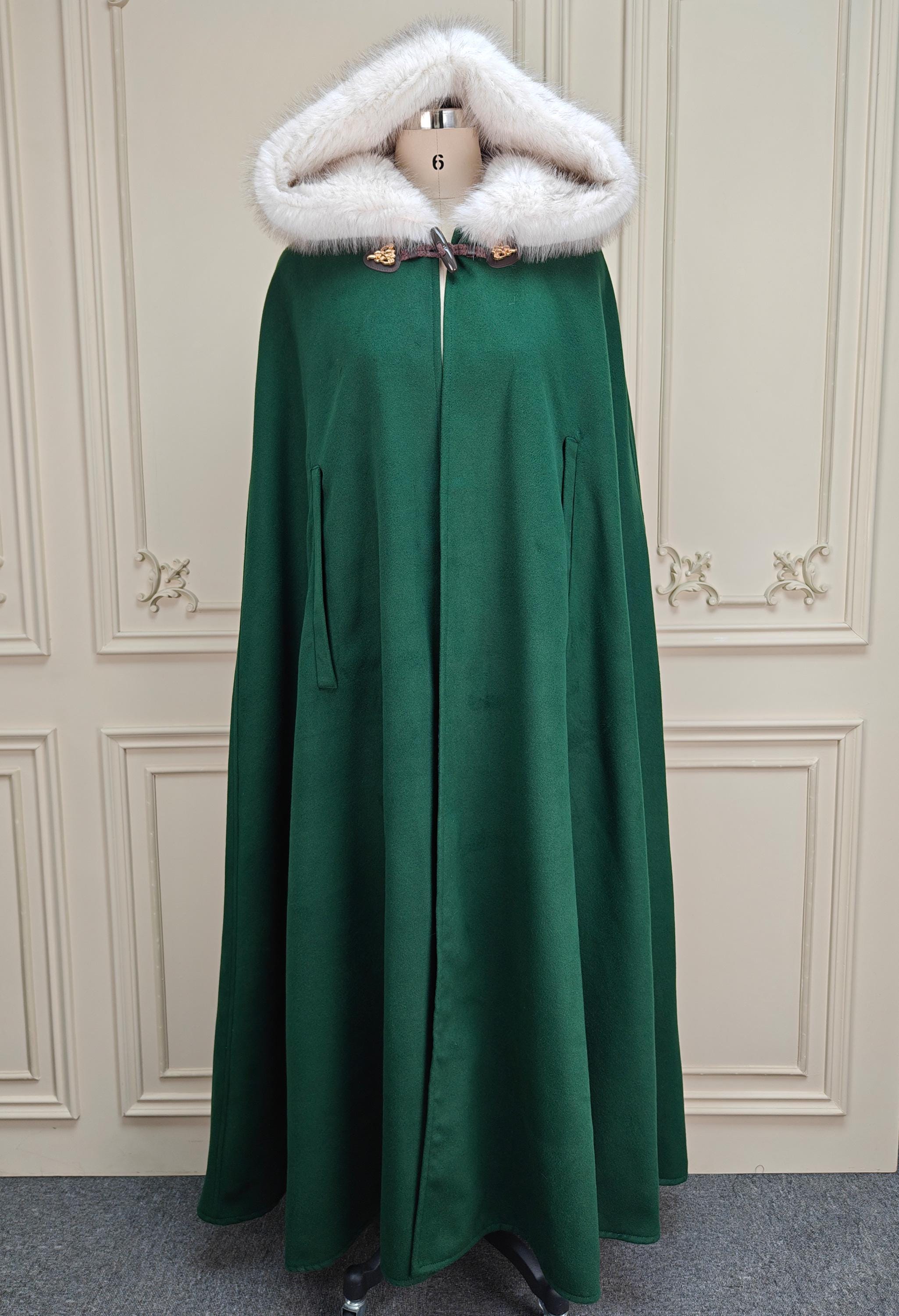 Wedding Fur Cloak Medieval Wool Winter Green Cloak Cape Coat with Oversized Faux Fur Hood, Vintage Style, Horn Button, and Arm Slits