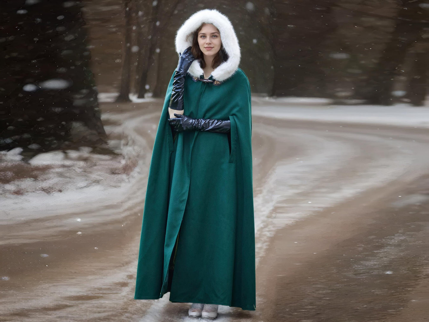 Wedding Fur Cloak Medieval Wool Winter Green Cloak Cape Coat with Oversized Faux Fur Hood, Vintage Style, Horn Button, and Arm Slits