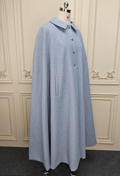 Wool Blend Cape Coat Vintage Style Long Winter Cape for Woman With Pockets Blue S/M/L/XL