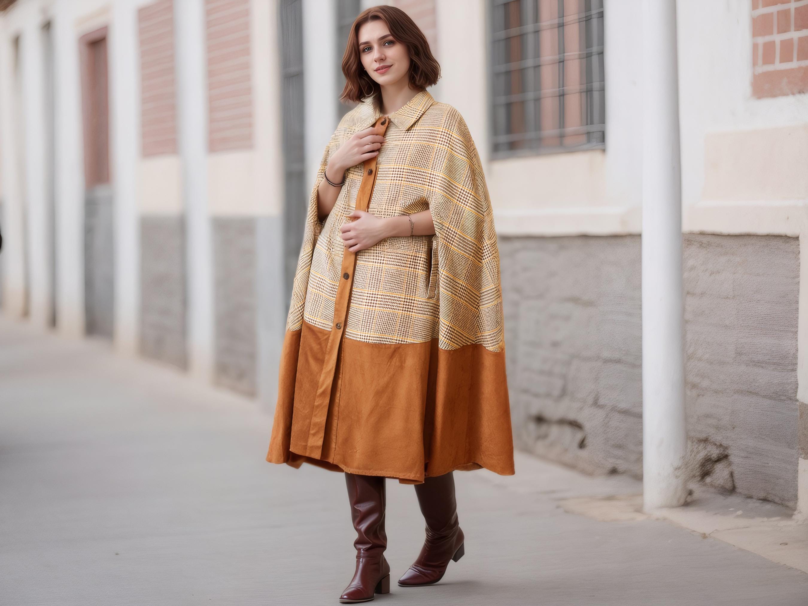 Wool Blend Cape Coat for Woman Classic Brown Plaid Vintage Inspired Tartan Coat Winter Fall Maxi Oversized Cape A-Line Spliced Design