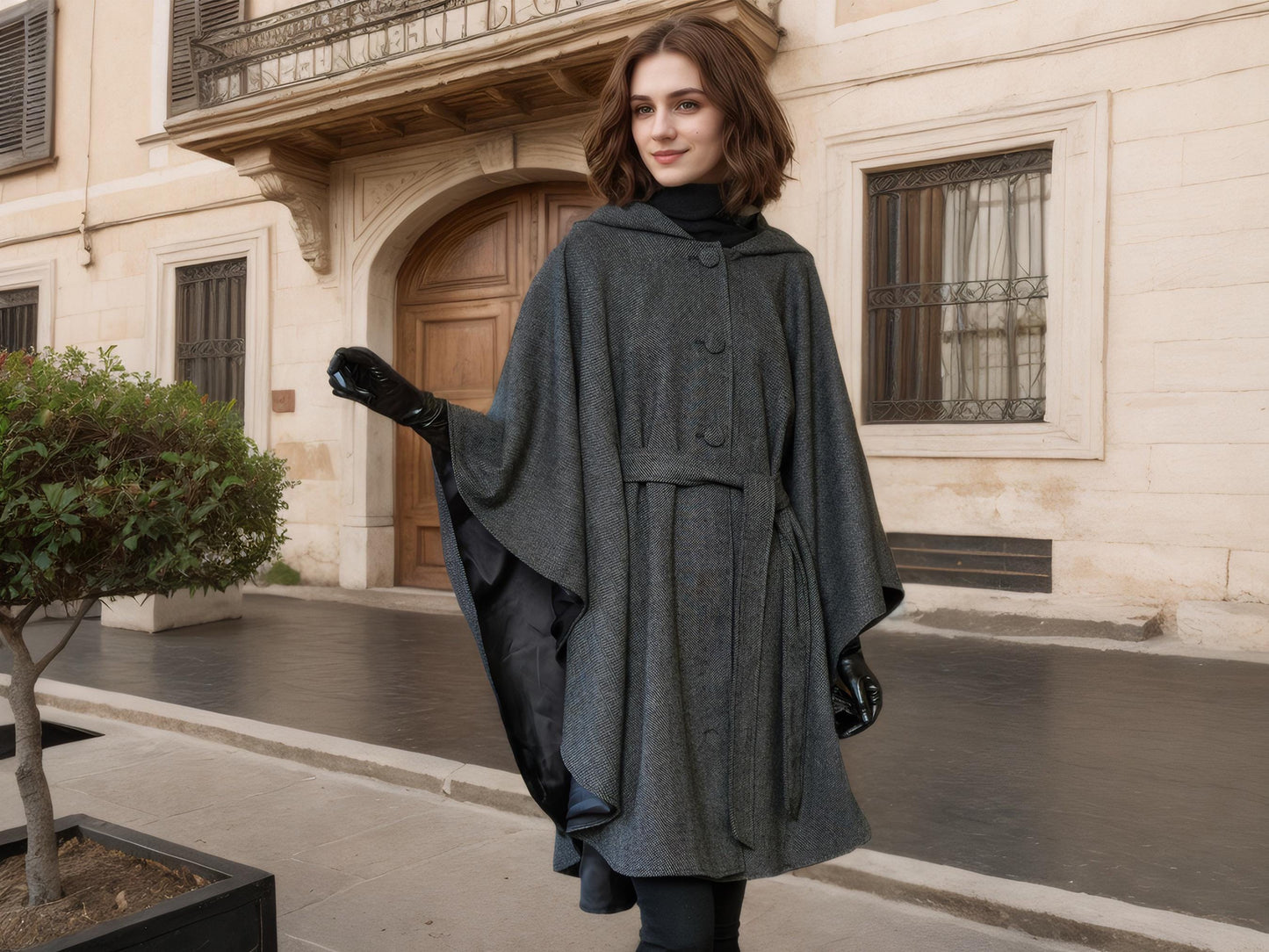 Tweed Hooded Cloak Belted Cape Poncho Herringbone Woman Cloak Tweed Wool Warp Moss Green Fleck One Size Long