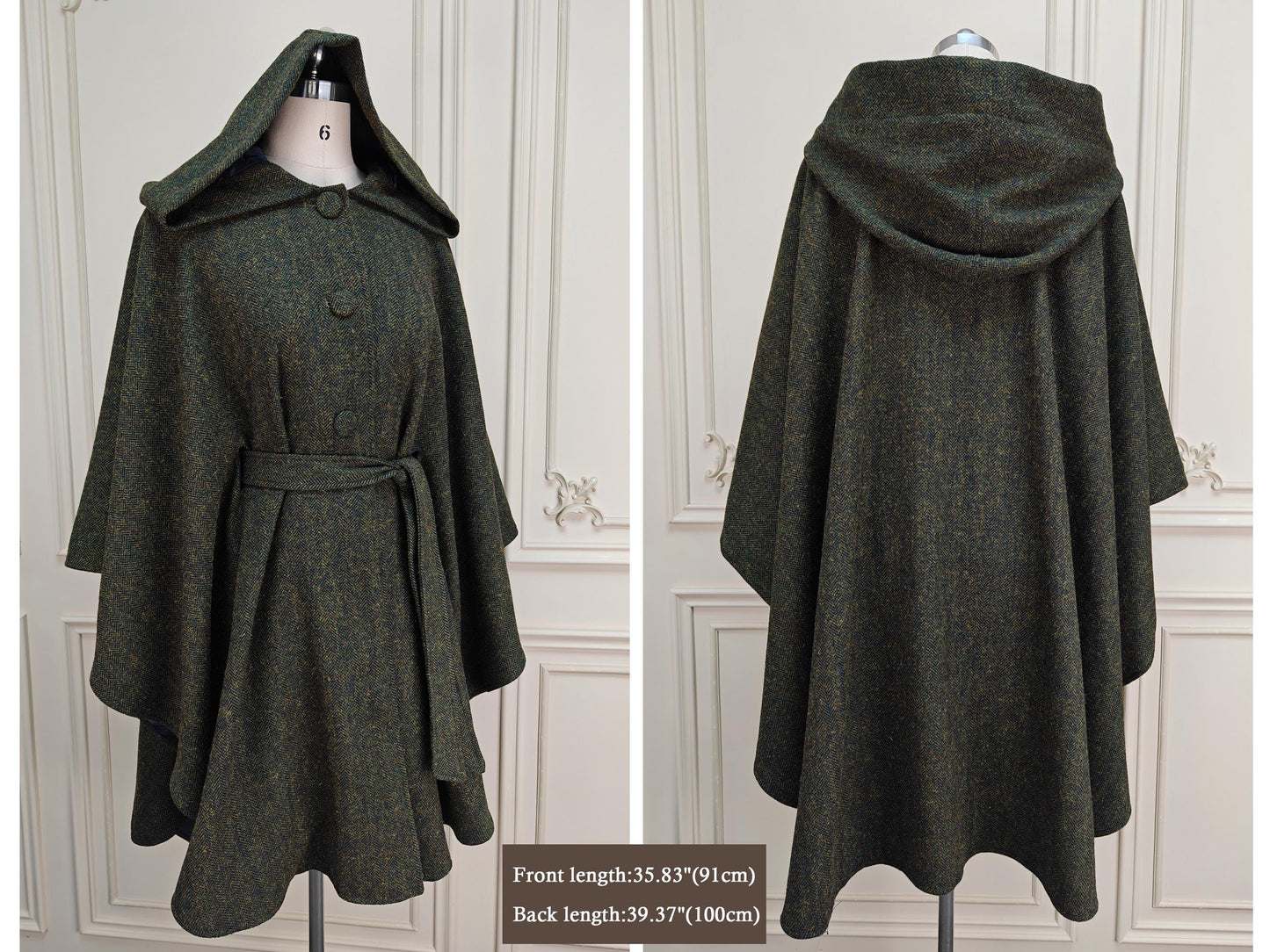 Tweed Hooded Cloak Belted Cape Poncho Herringbone Woman Cloak Tweed Wool Warp Moss Green Fleck One Size Long