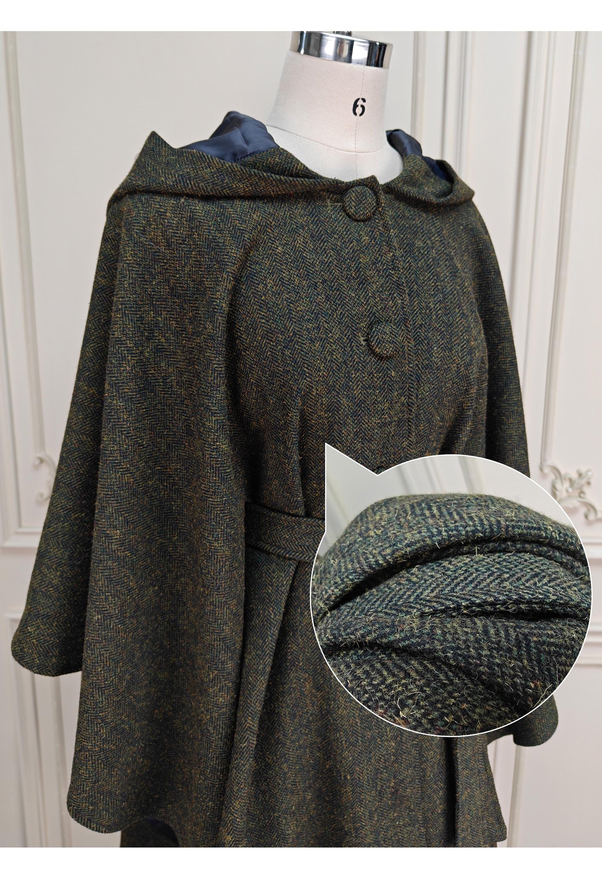 Tweed Hooded Cloak Belted Cape Poncho Herringbone Woman Cloak Tweed Wool Warp Moss Green Fleck One Size Long