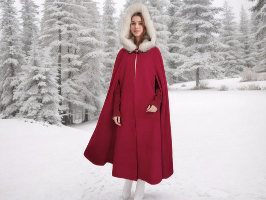 Wedding Fur Cloak Medieval Wool Winter Cloak Cape Coat with Oversized Faux Fur Hood, Vintage Style, Horn Button, and Arm Slits