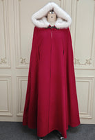 Wedding Fur Cloak Medieval Wool Winter Cloak Cape Coat with Oversized Faux Fur Hood, Vintage Style, Horn Button, and Arm Slits