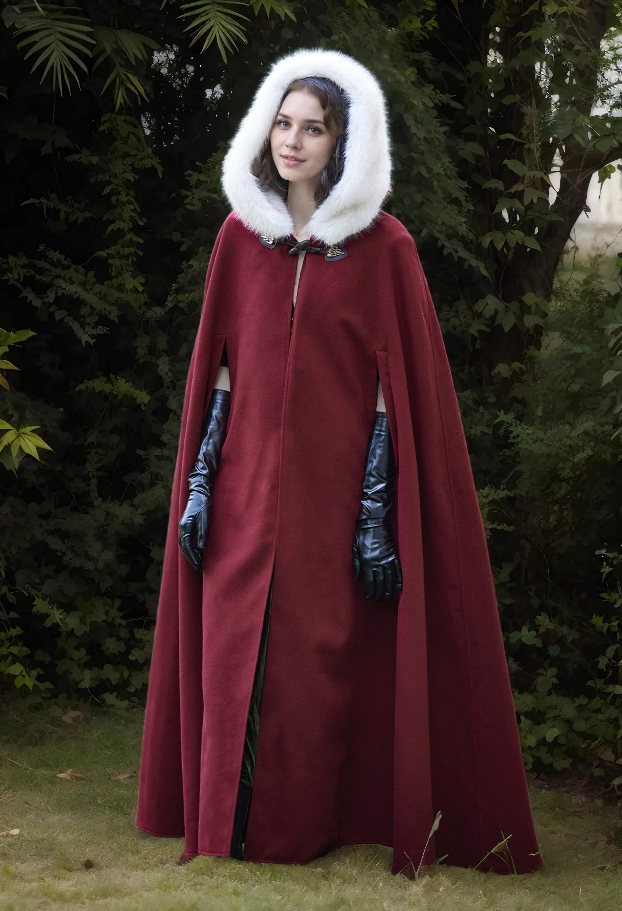 Wedding Fur Cloak Medieval Wool Winter Cloak Cape Coat with Oversized Faux Fur Hood, Vintage Style, Horn Button, and Arm Slits