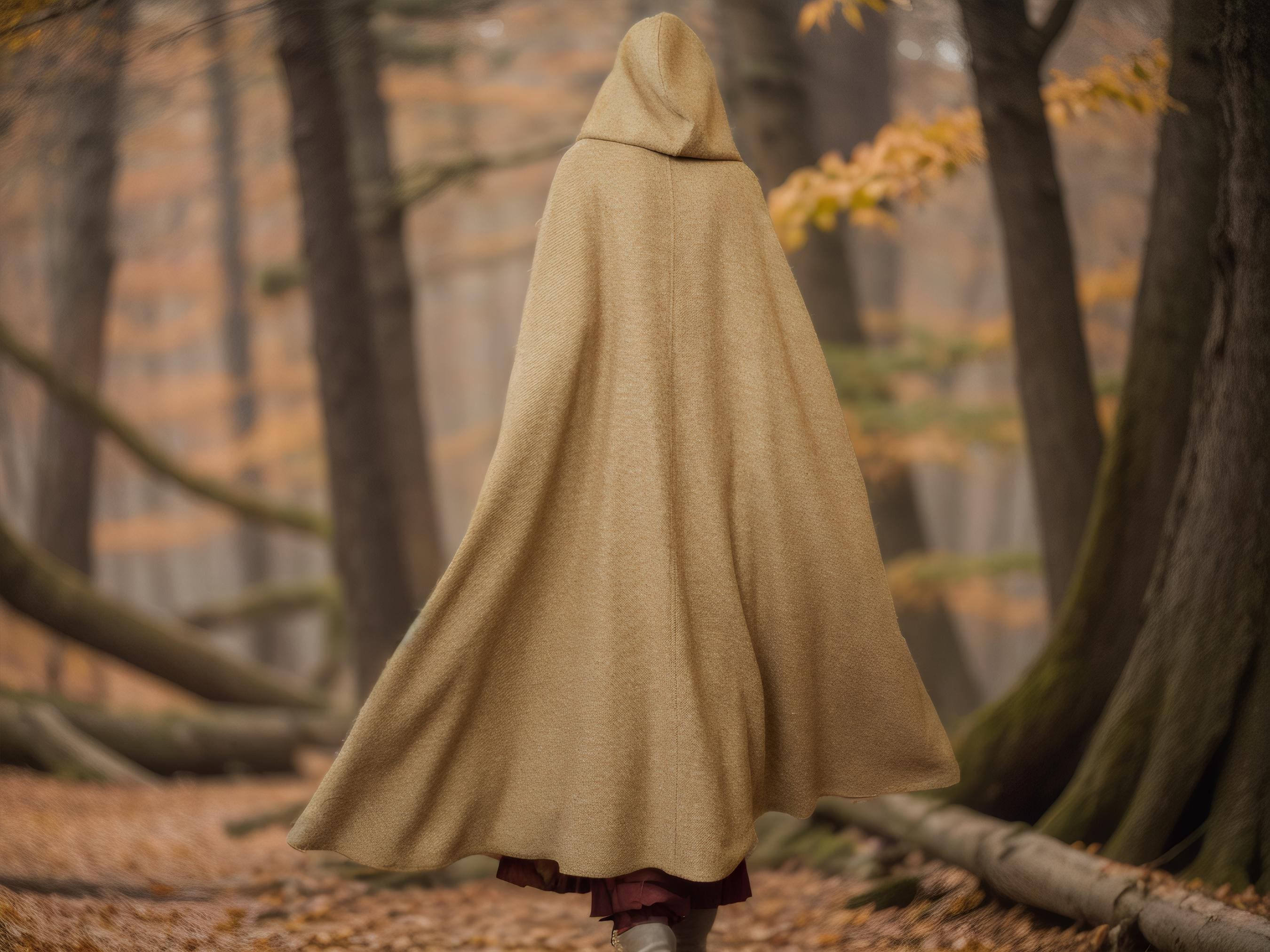 Wool Winter Cloak Wool Weave Hooded Cape Vintage Inspired Wool Tweed Beige Long Medieval Cloak With Horn Buttons