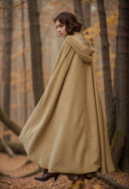 Wool Winter Cloak Wool Weave Hooded Cape Vintage Inspired Wool Tweed Beige Long Medieval Cloak With Horn Buttons