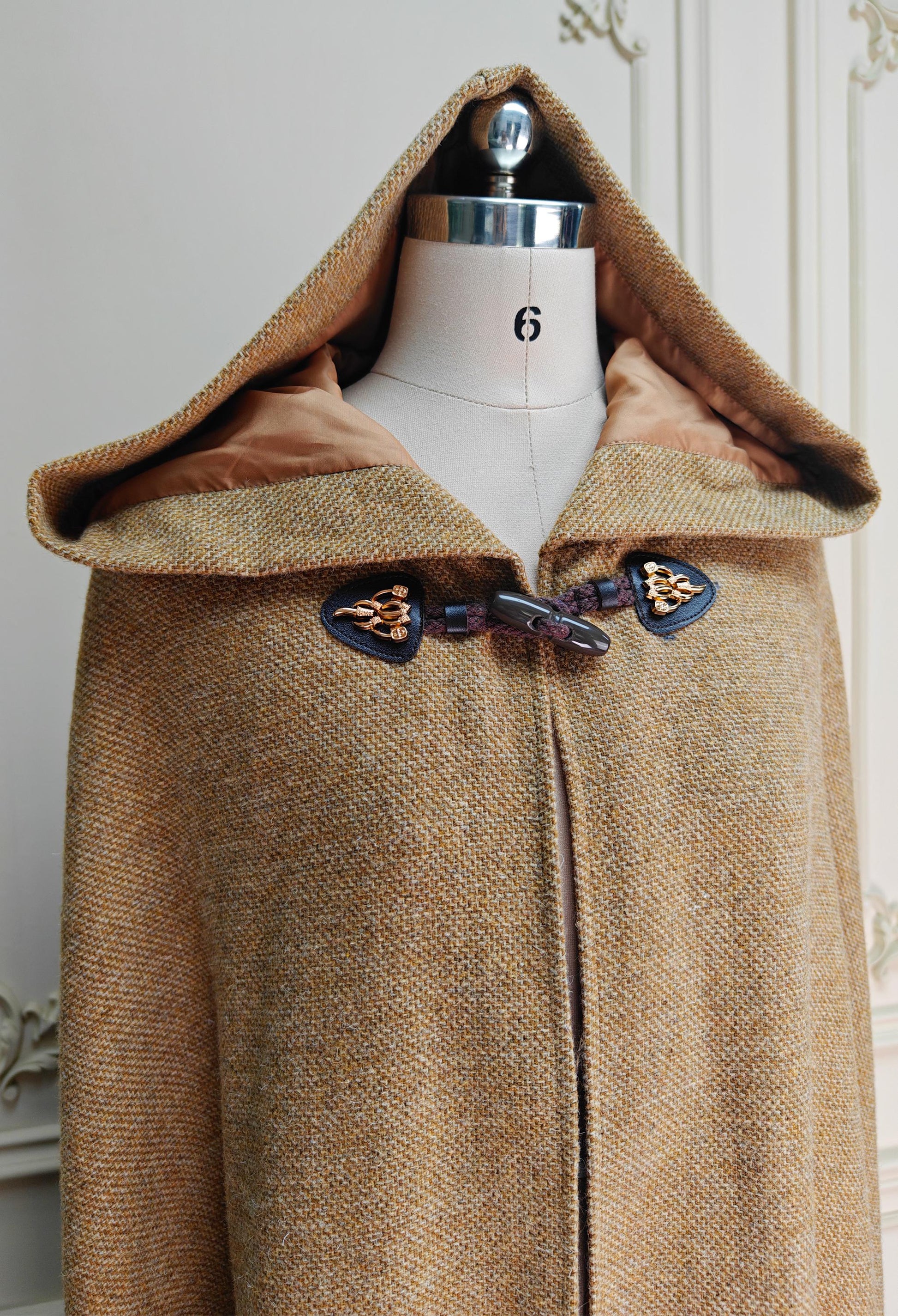 Wool Winter Cloak Wool Weave Hooded Cape Vintage Inspired Wool Tweed Beige Long Medieval Cloak With Horn Buttons