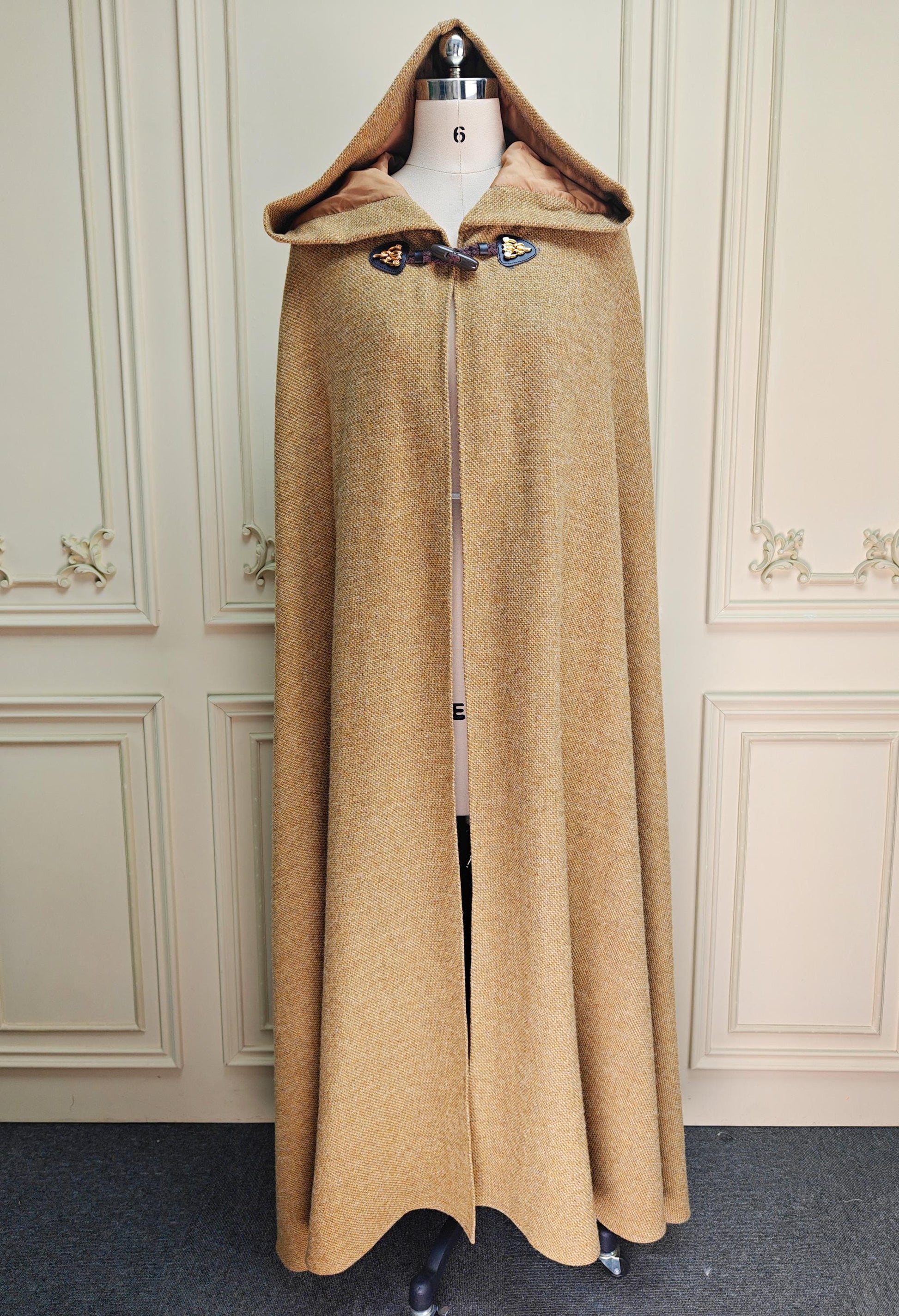 Wool Winter Cloak Wool Weave Hooded Cape Vintage Inspired Wool Tweed Beige Long Medieval Cloak With Horn Buttons