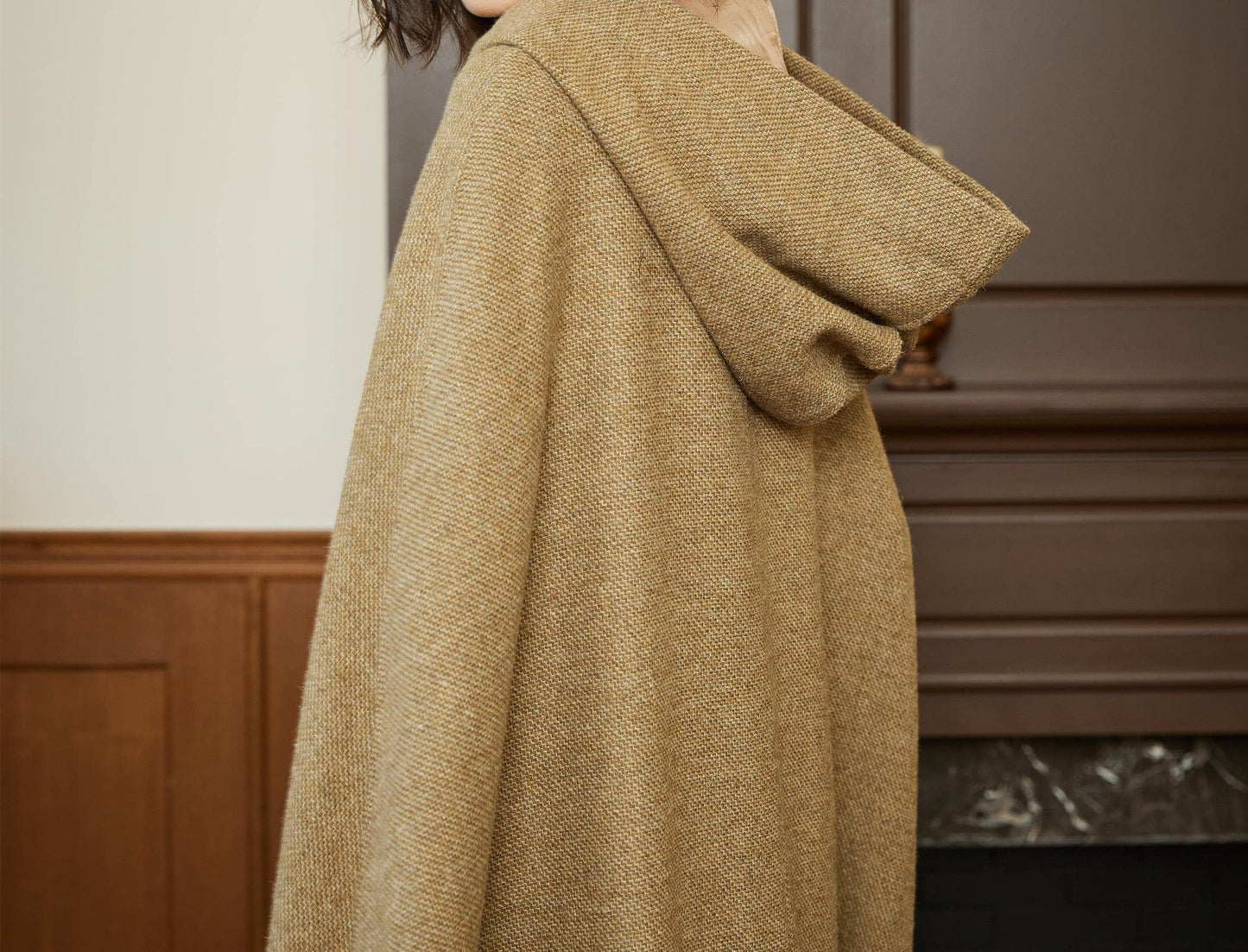 Wool Winter Cloak Wool Weave Hooded Cape Vintage Inspired Wool Tweed Beige Long Medieval Cloak With Horn Buttons