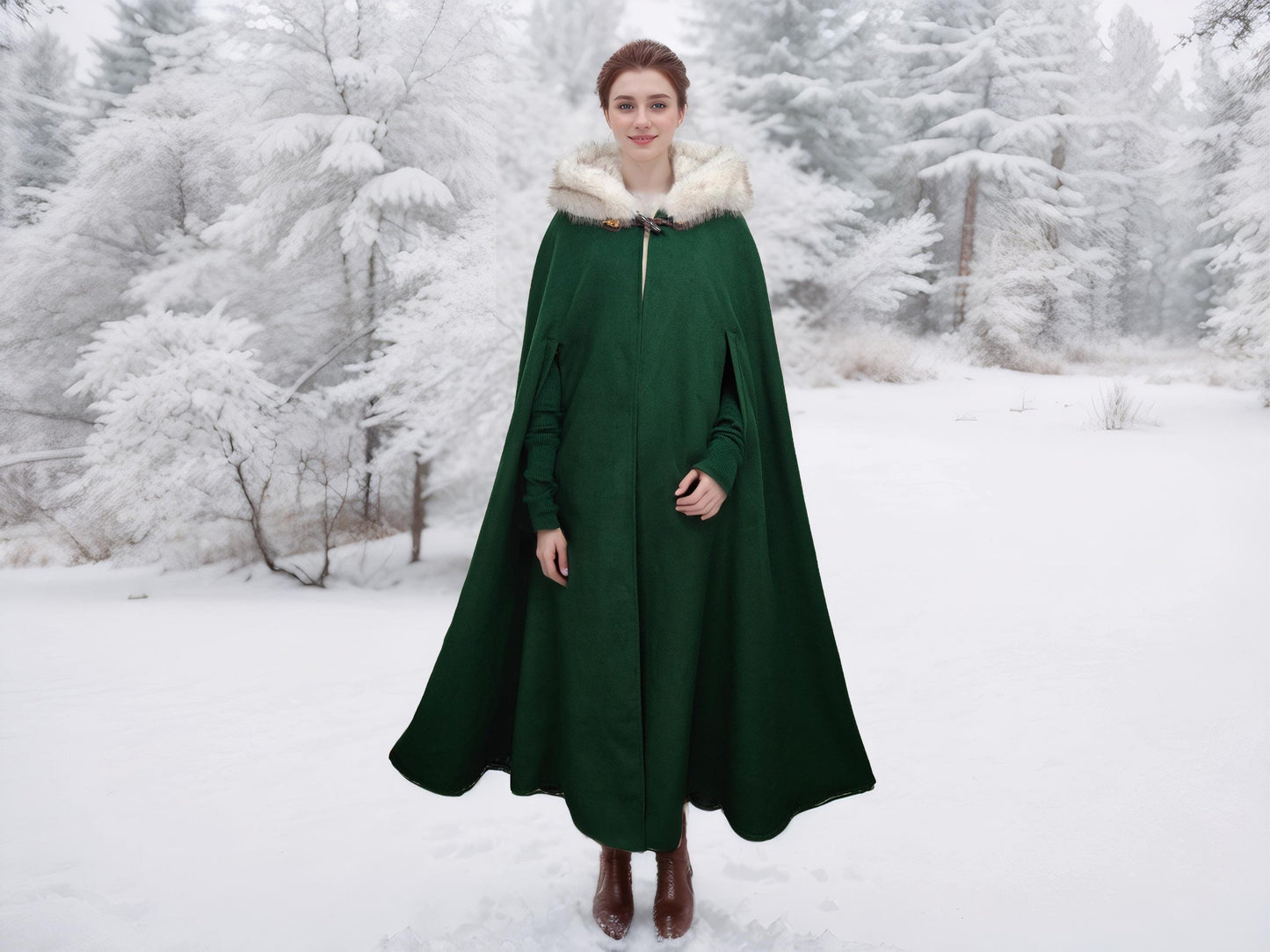 Wedding Fur Cloak Medieval Wool Winter Green Cloak Cape Coat with Oversized Faux Fur Hood, Vintage Style, Horn Button, and Arm Slits