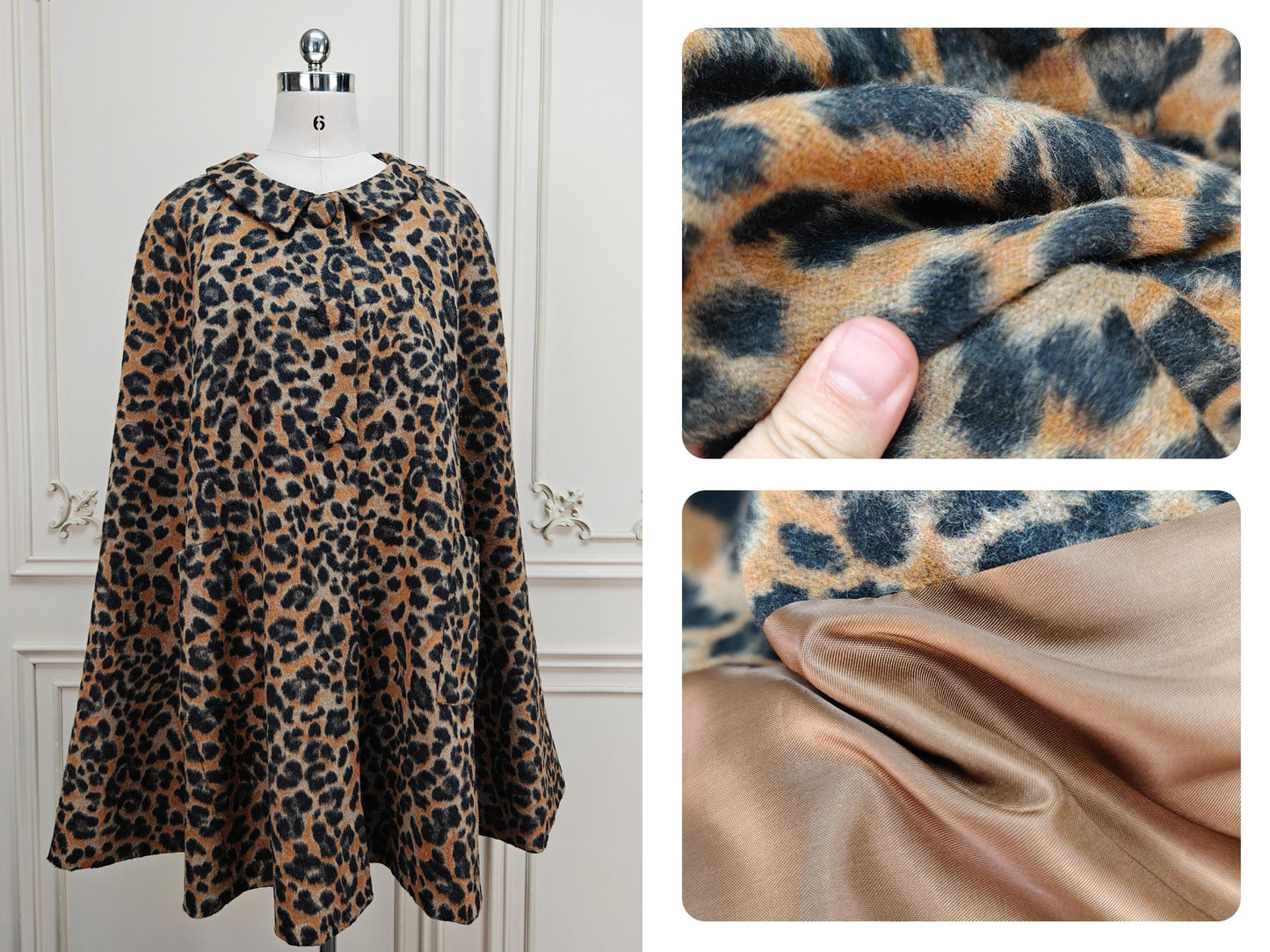 Wool Cape Coat Beige Wool Blend Vintage Style Winter Cape for Woman Wool Poncho Leopard Cape With Pockets S/M/L/XL Check Plaid Coat