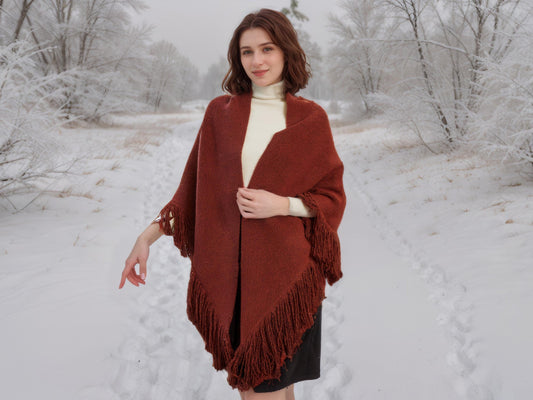 Shawl Warp Wool Blend Knitted Fringed Evening Wrap Red Triangle Thick Shawl Winter Wedding Shawl Bridal Cover Up