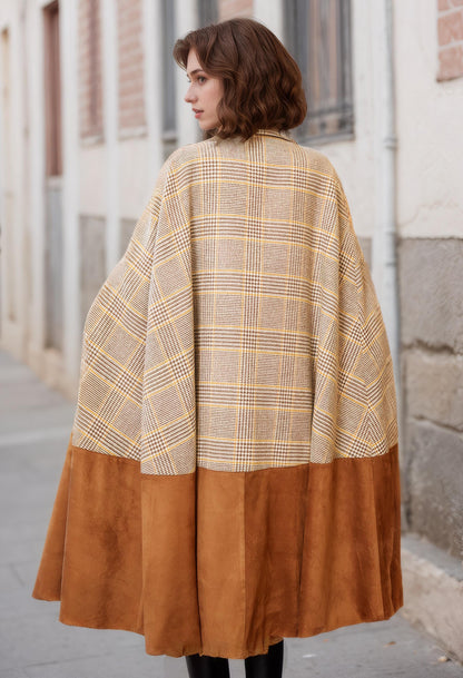 Wool Blend Cape Coat for Woman Classic Brown Plaid Vintage Inspired Tartan Coat Winter Fall Maxi Oversized Cape A-Line Spliced Design