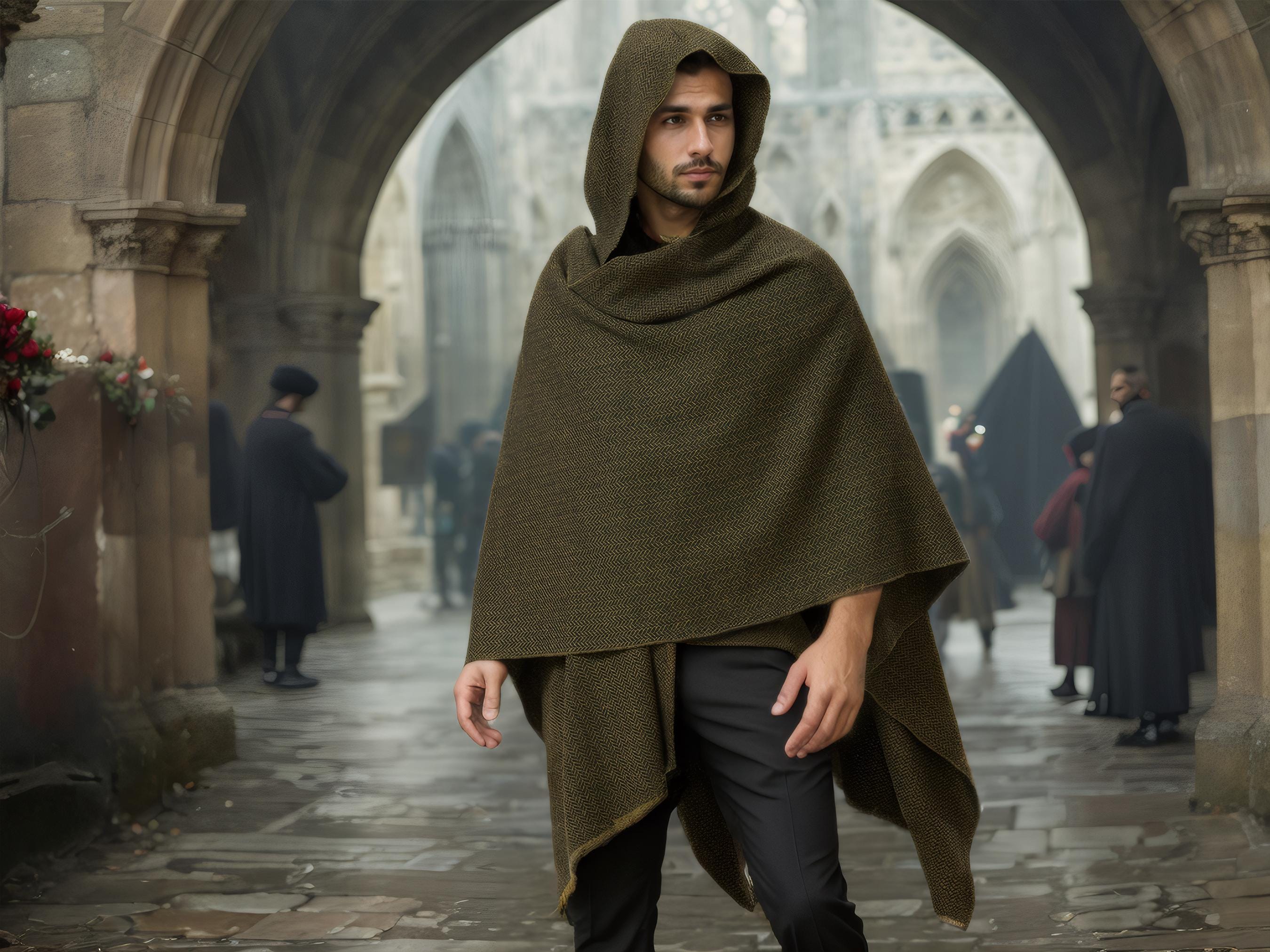 Wool Hooded Cloak Oliver Green & Black Herringbone Tweed Ruana Cloak Ranger Cloak Hobbit Elven Cloak Ren Faire Costume