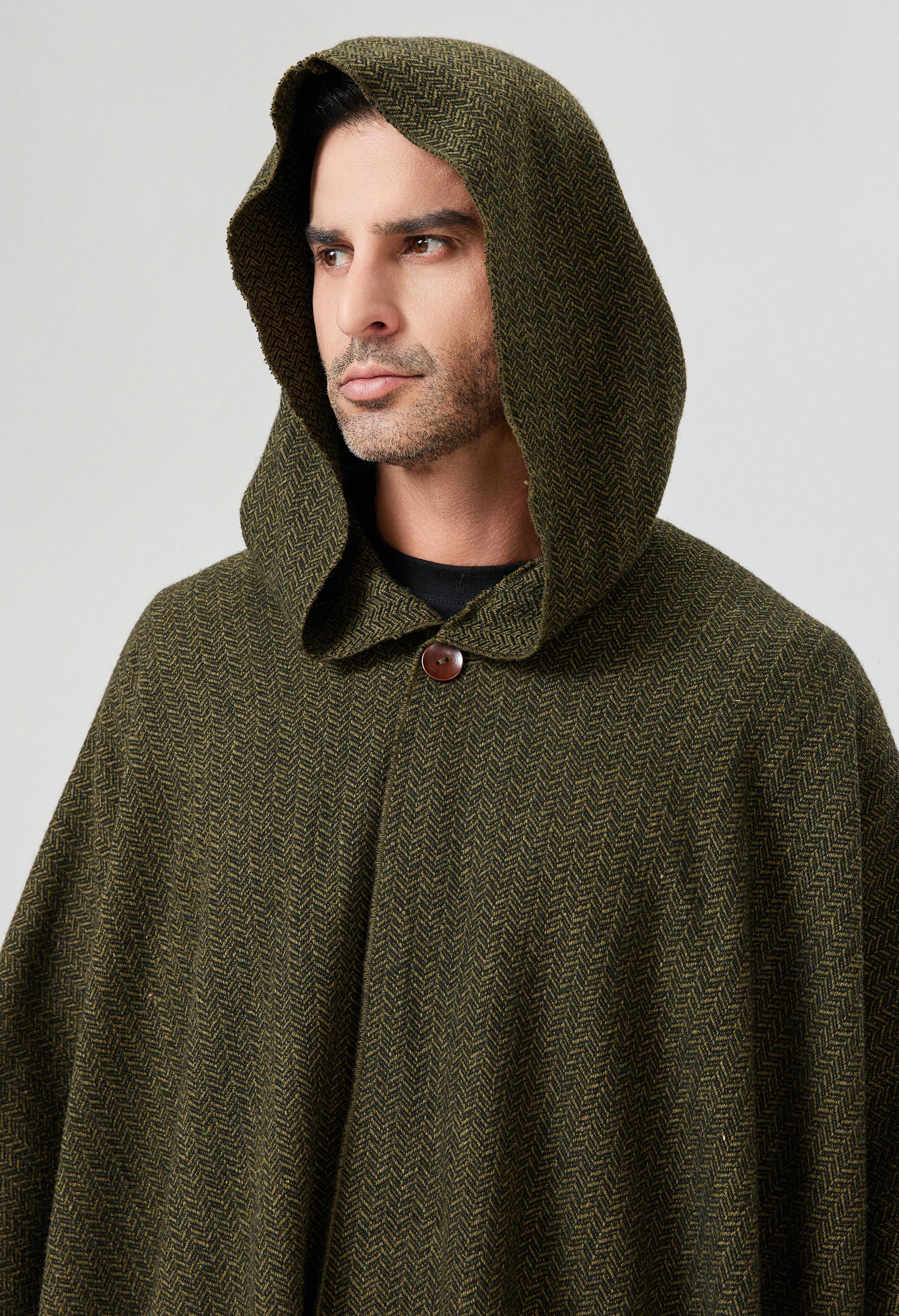 Wool Hooded Cloak Oliver Green & Black Herringbone Tweed Ruana Cloak Ranger Cloak Hobbit Elven Cloak Ren Faire Costume