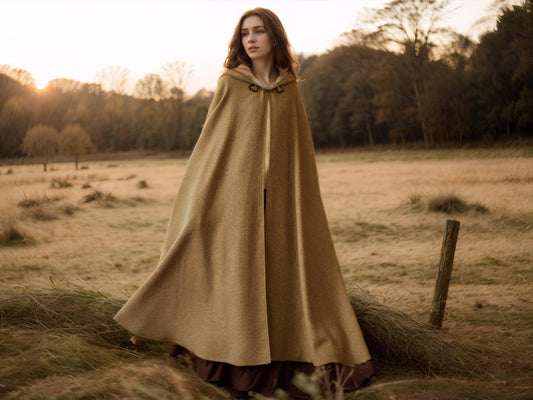 Wool Winter Cloak Wool Weave Hooded Cape Vintage Inspired Wool Tweed Beige Long Medieval Cloak With Horn Buttons