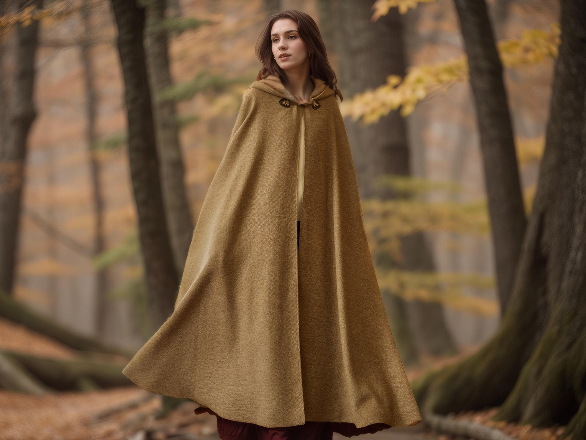 Wool Winter Cloak Wool Weave Hooded Cape Vintage Inspired Wool Tweed Beige Long Medieval Cloak With Horn Buttons