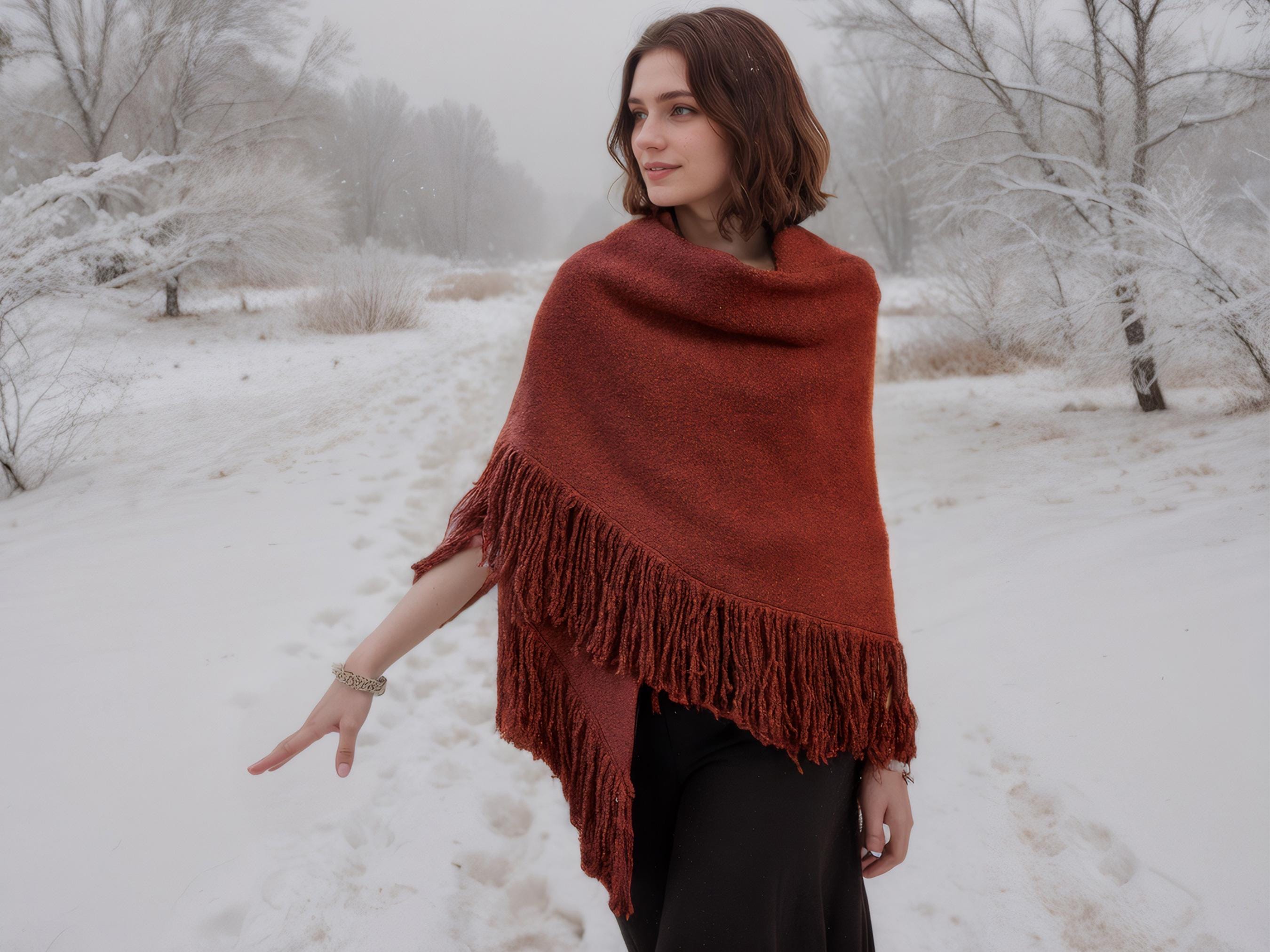 Shawl Warp Wool Blend Knitted Fringed Evening Wrap Red Triangle Thick Shawl Winter Wedding Shawl Bridal Cover Up